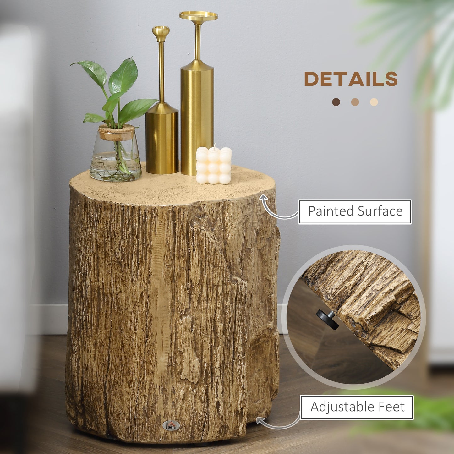 HOMCOM Tree Stump End Table Round Concrete Side Table for Indoor and Outdoor Use Natural Wood Effect