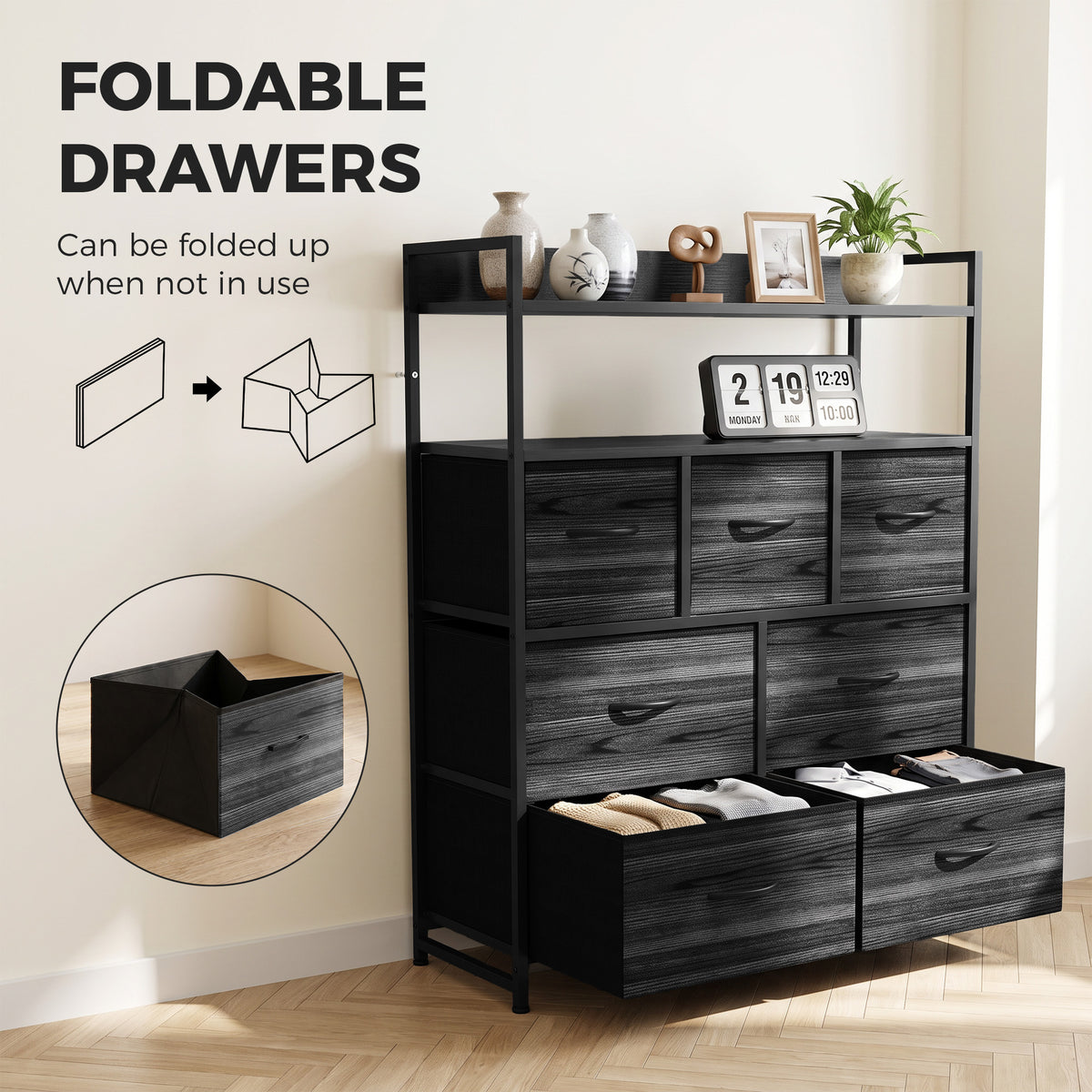 Black fabric dresser with foldable drawers and open shelving, wood-effect design