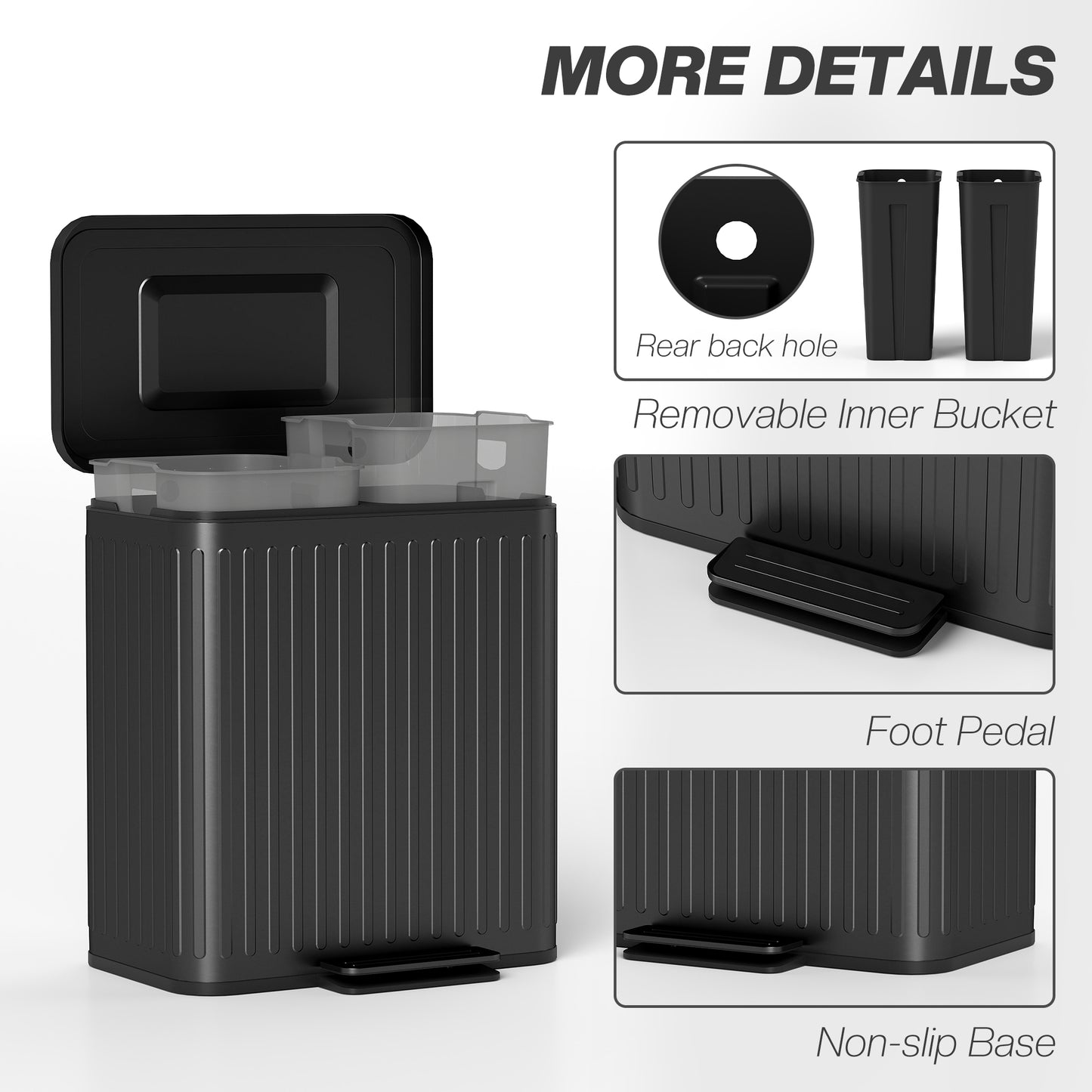 HOMCOM 40L Dual Compartment Pedal Bin With Soft Close Lid And Stay Open Option Metal Kitchen Waste Bin Black