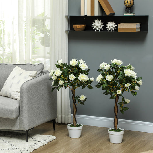 Outsunny Set Of Two Faux Rose Trees In White For Indoor Decor Realistic Artificial Roses