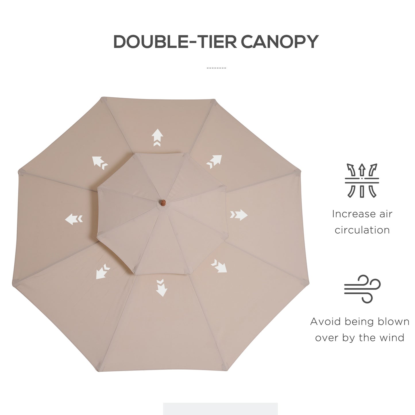 Outsunny 2.7m Wooden Parasol With Two Tier Canopy For Garden Outdoor Shade Beige