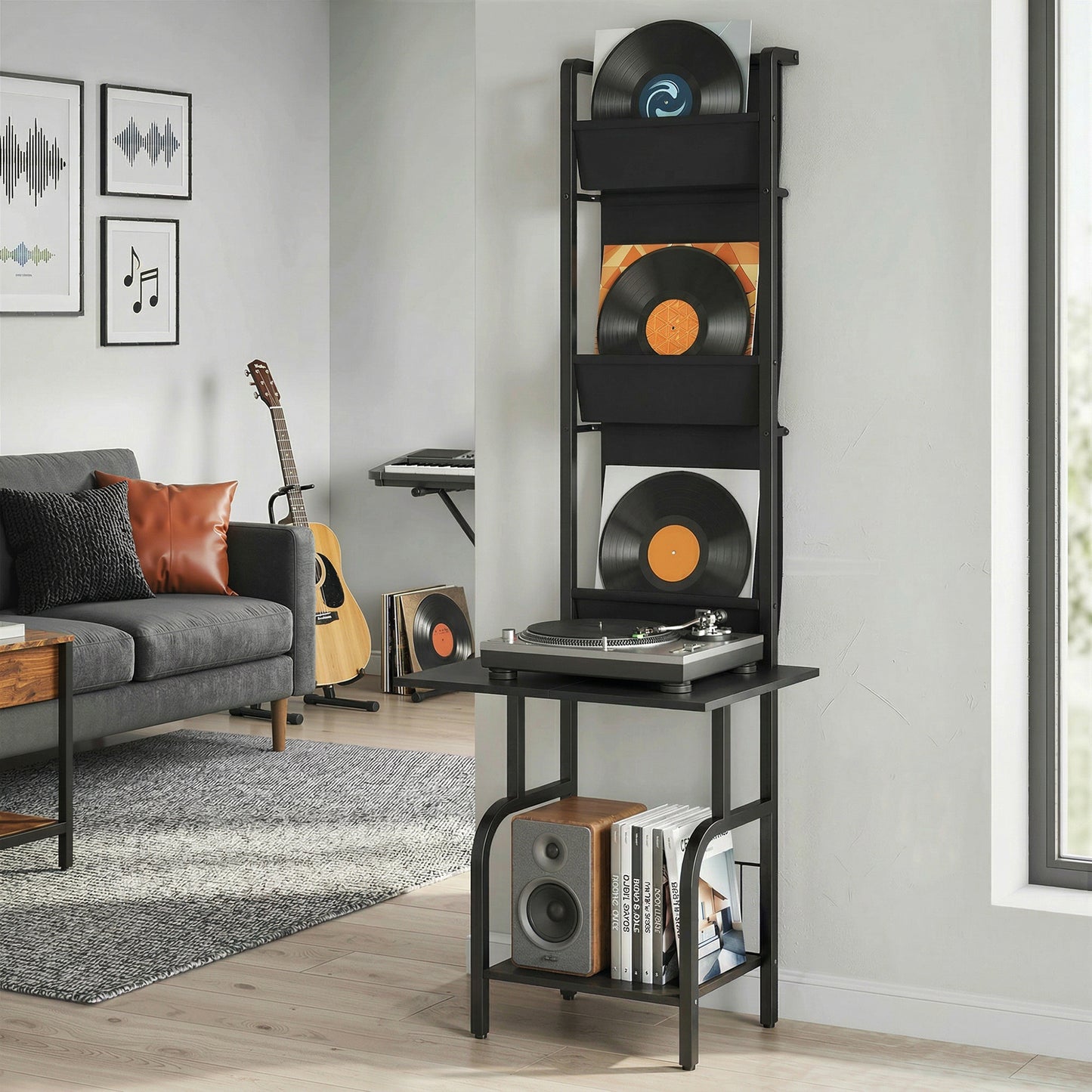 HOMCOM Vinyl Record Player Stand And Storage With Oxford Fabric Pockets Bottom Shelf Black