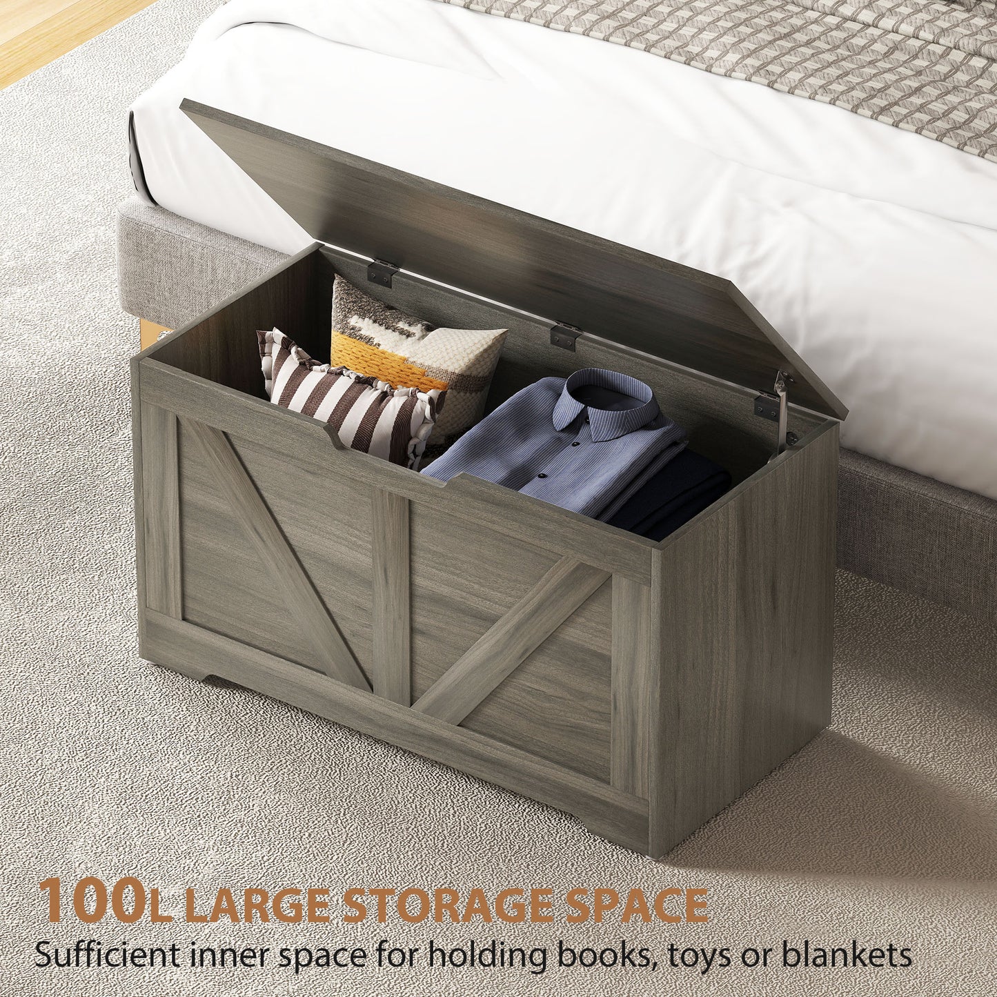 HOMCOM 100L Storage Ottoman Box With Safety Hinges In Charcoal Grey Seatable Trunk