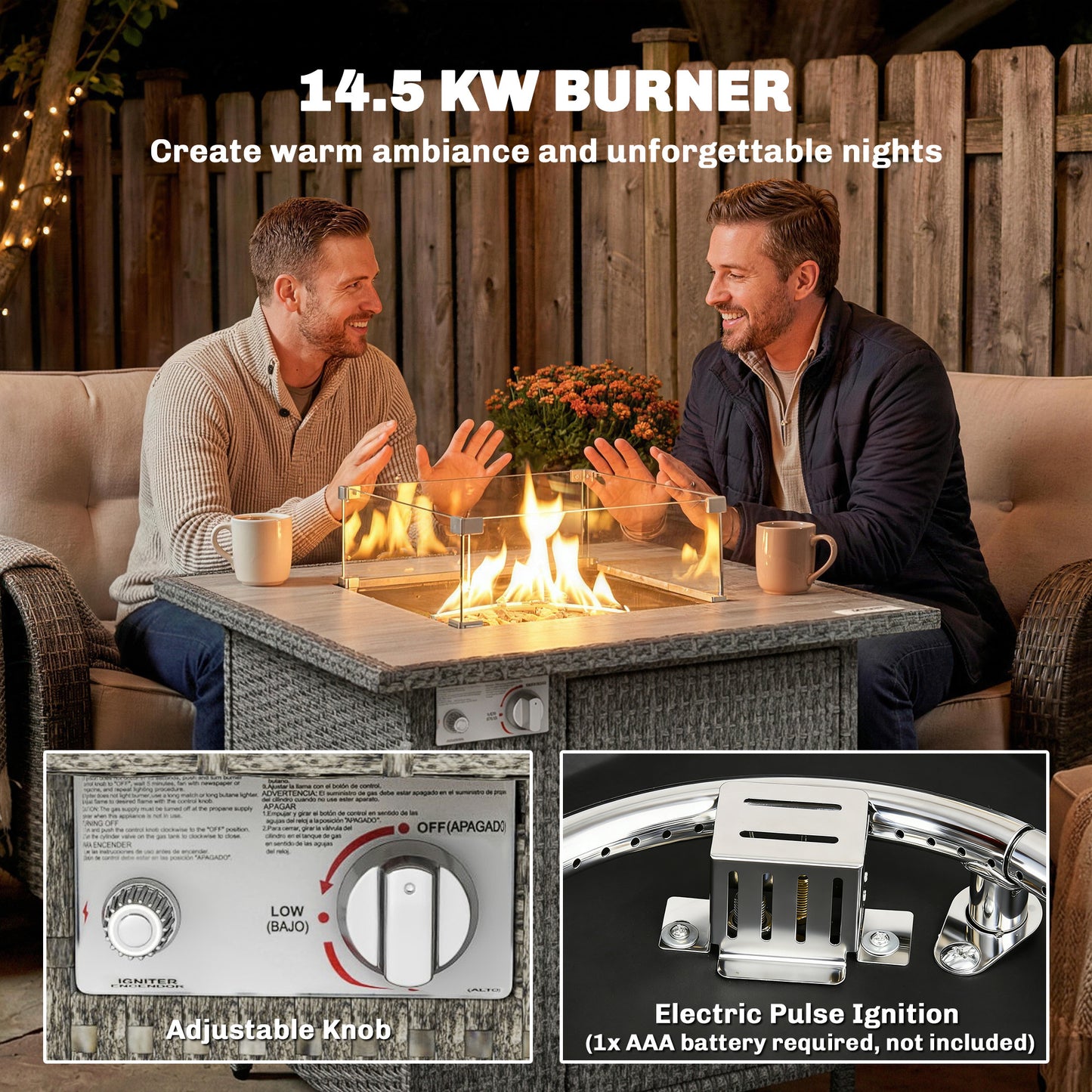 Outsunny 14.5 KW Rattan Gas Fire Pit Dining Table With Rain Cover Wind Guard Lid Lava Rocks Dark Grey