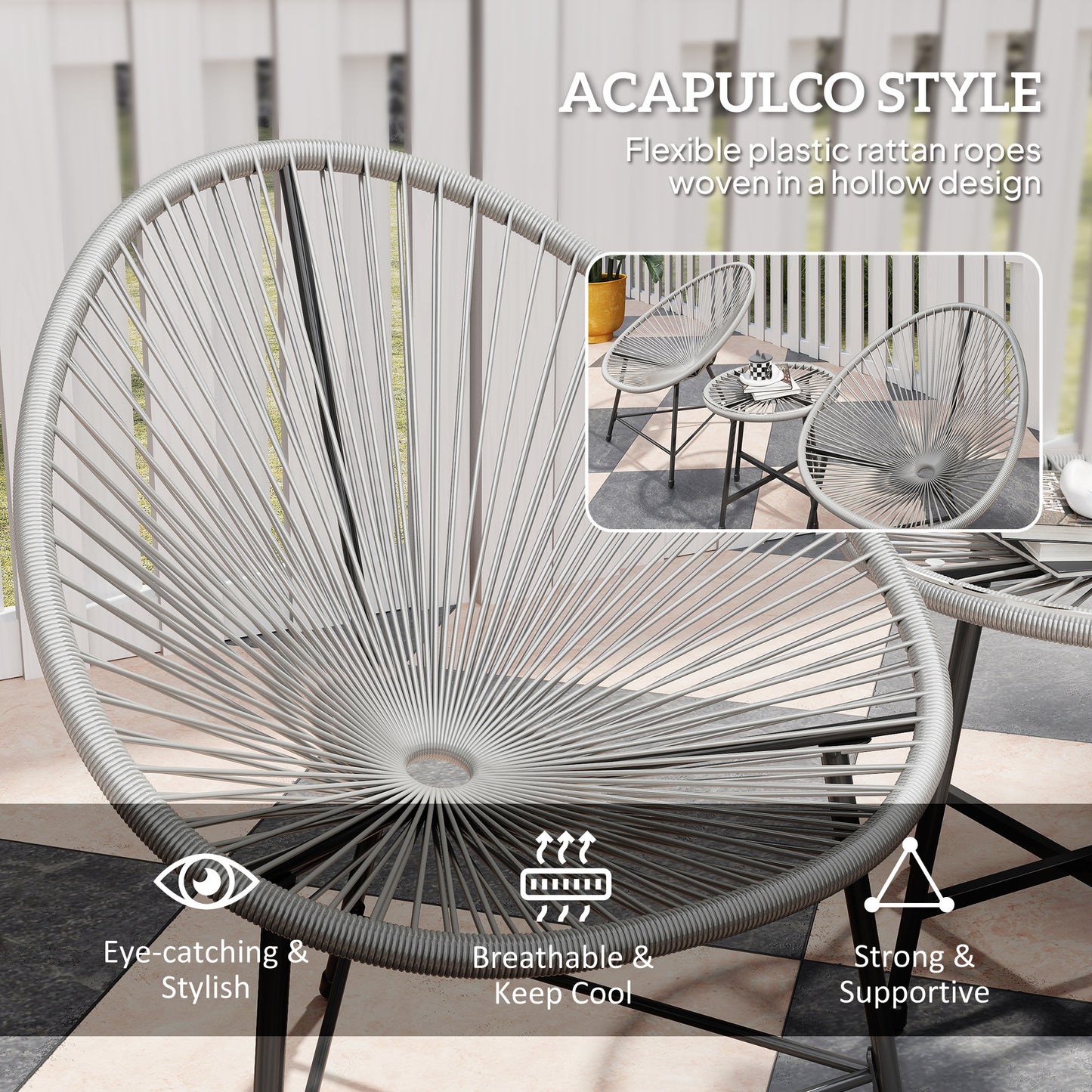 Outsunny 3 Piece Rattan Bistro Set With Acapulco Chairs Glass Top Table Reinforced Metal Frame For Outdoor Patio Grey