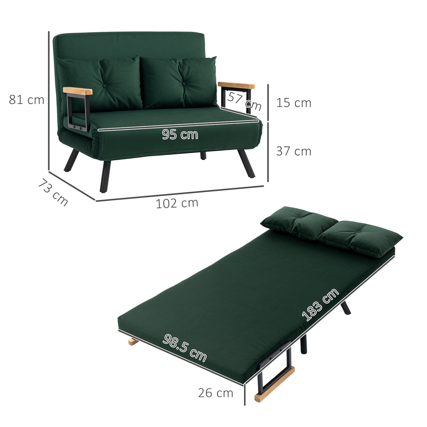 HOMCOM 4 In 1 Velvet Feel Double Sofa Bed With Pillows Green Ideal For Daily Use And Guests
