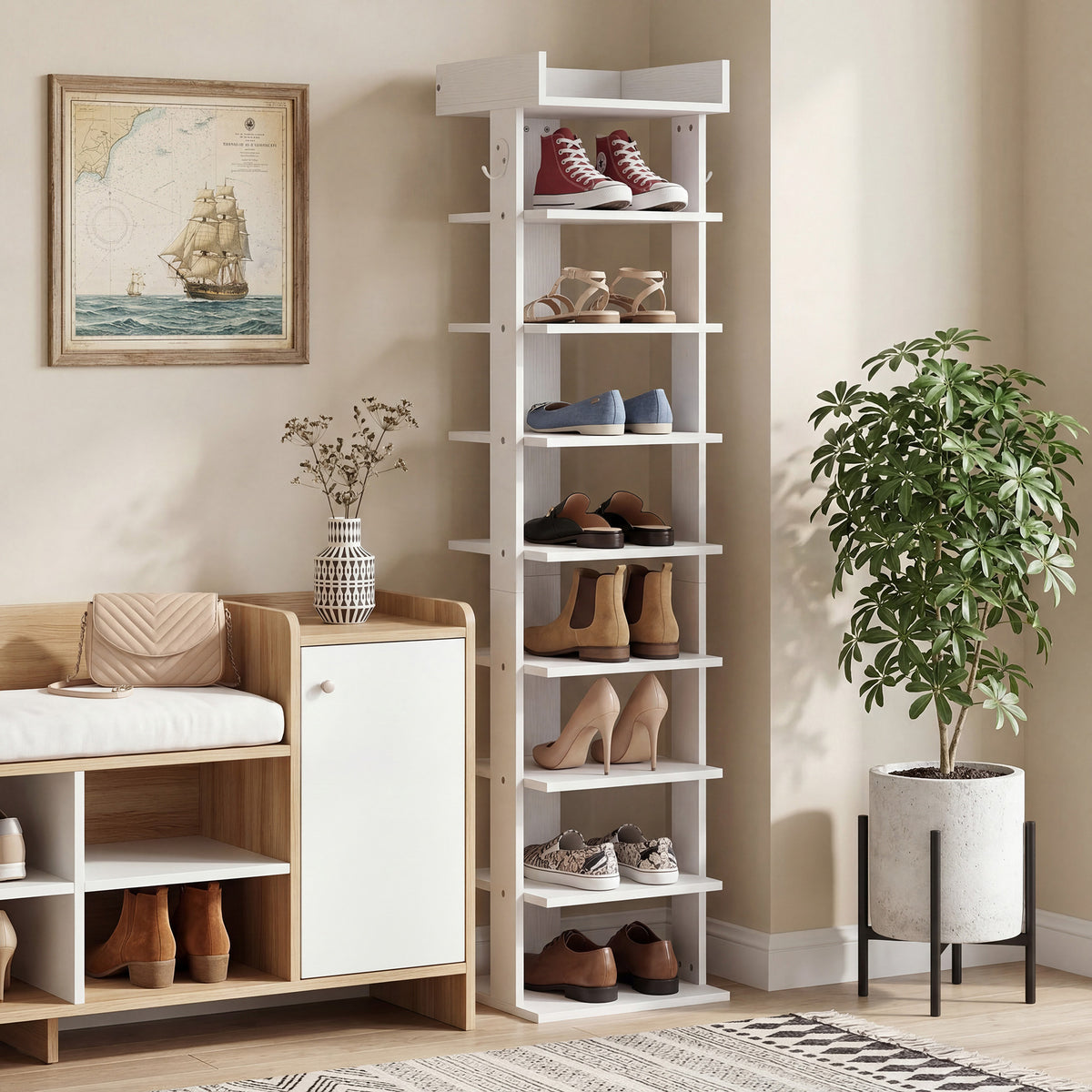 HOMCOM 9 Tier Shoe Rack with Top Tray Guardrail and 2 Hooks White