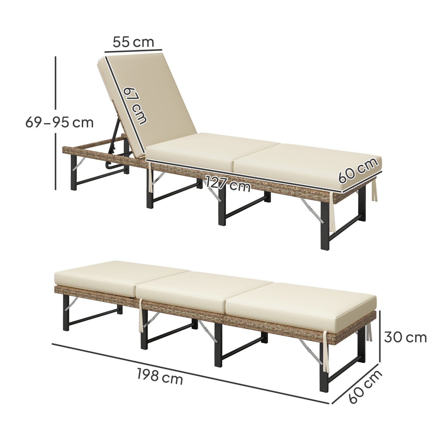 Outsunny Single Folding Rattan Sun Lounger With Cushion Grey Adjustable Back Powder Coated Steel Frame