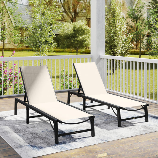 Outsunny Folding Sun Lounger Set Of 2 5 Position Adjustable Garden Loungers With Steel Frame For Beach Khaki