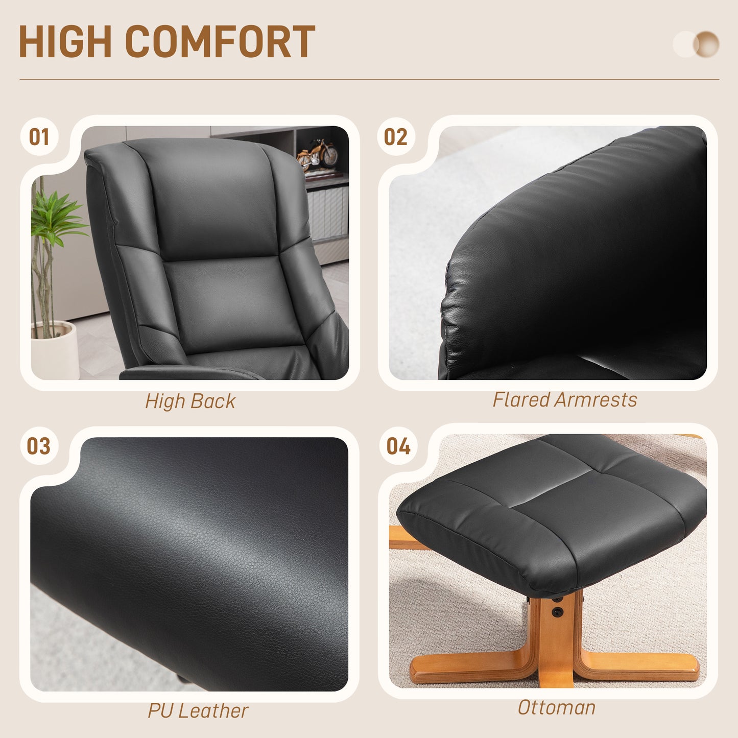 HOMCOM Rocking Recliner Chair With Footstool In PU Leather Wood Base For Living Room And Bedroom Black