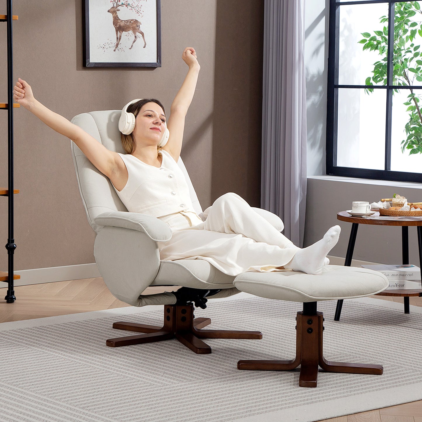 HOMCOM Linen Swivel Recliner Chair With Footstool Upholstered Armchair With Wooden Base Beige