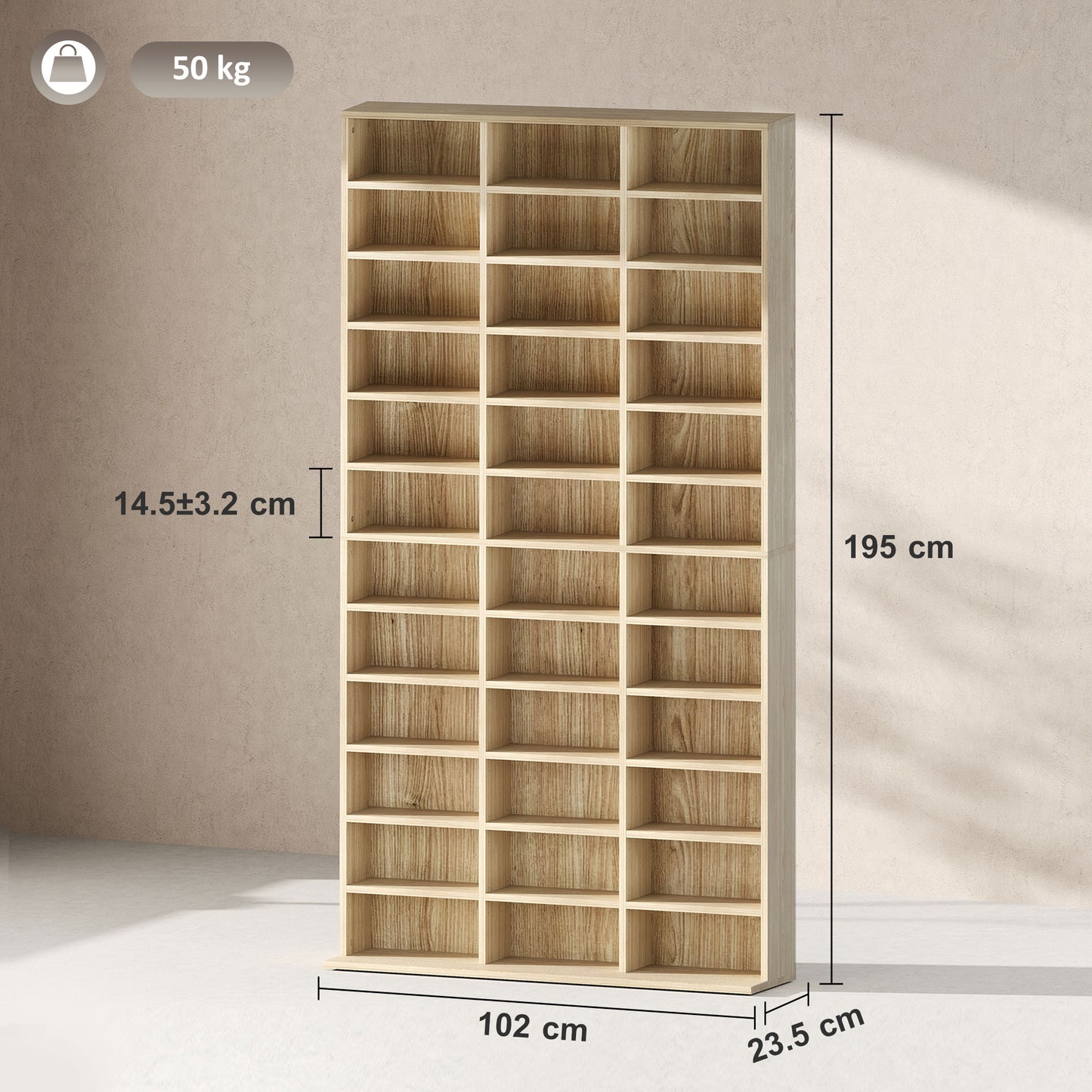 HOMCOM CD and DVD Storage Unit With Adjustable Shelves Oak Tone 102 x 195 cm Home Media Display