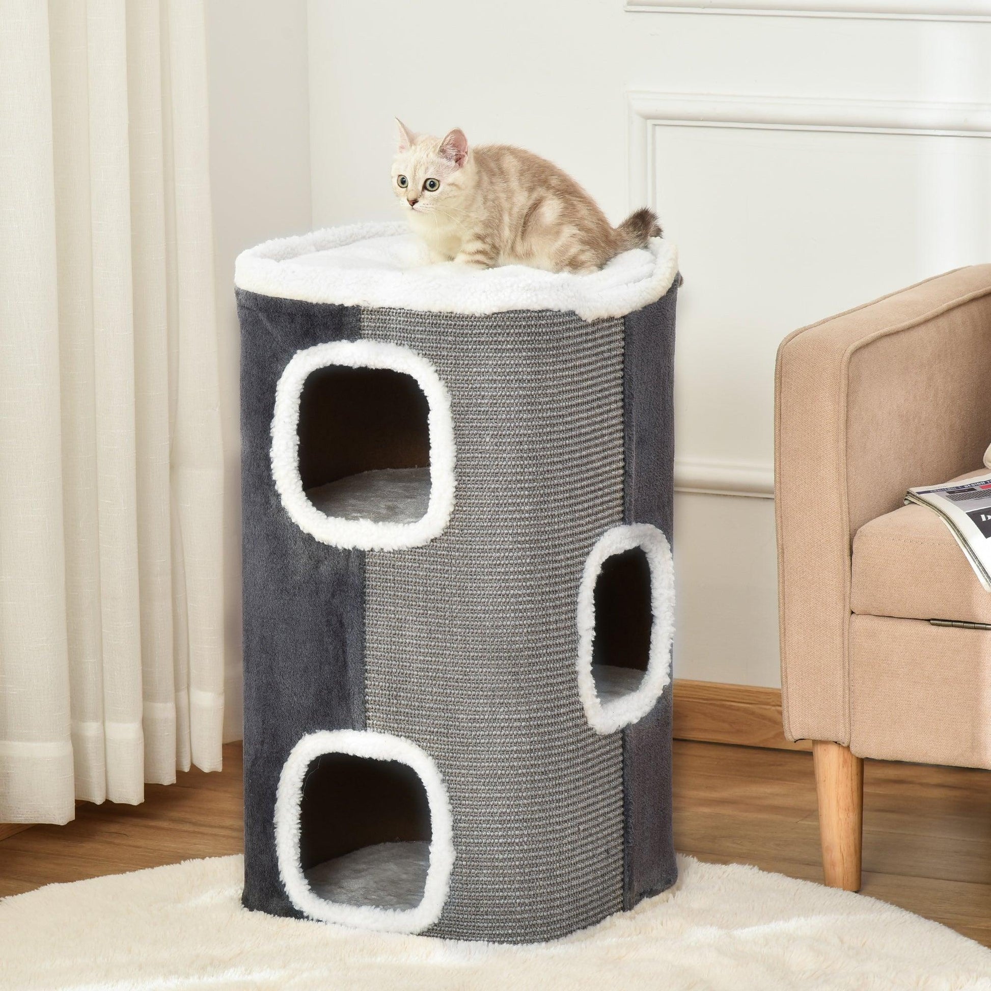 PawHut Sisal Cat Barrel with Soft Plush & Lamb Fleece Grey - ALL4U RETAILER LTD