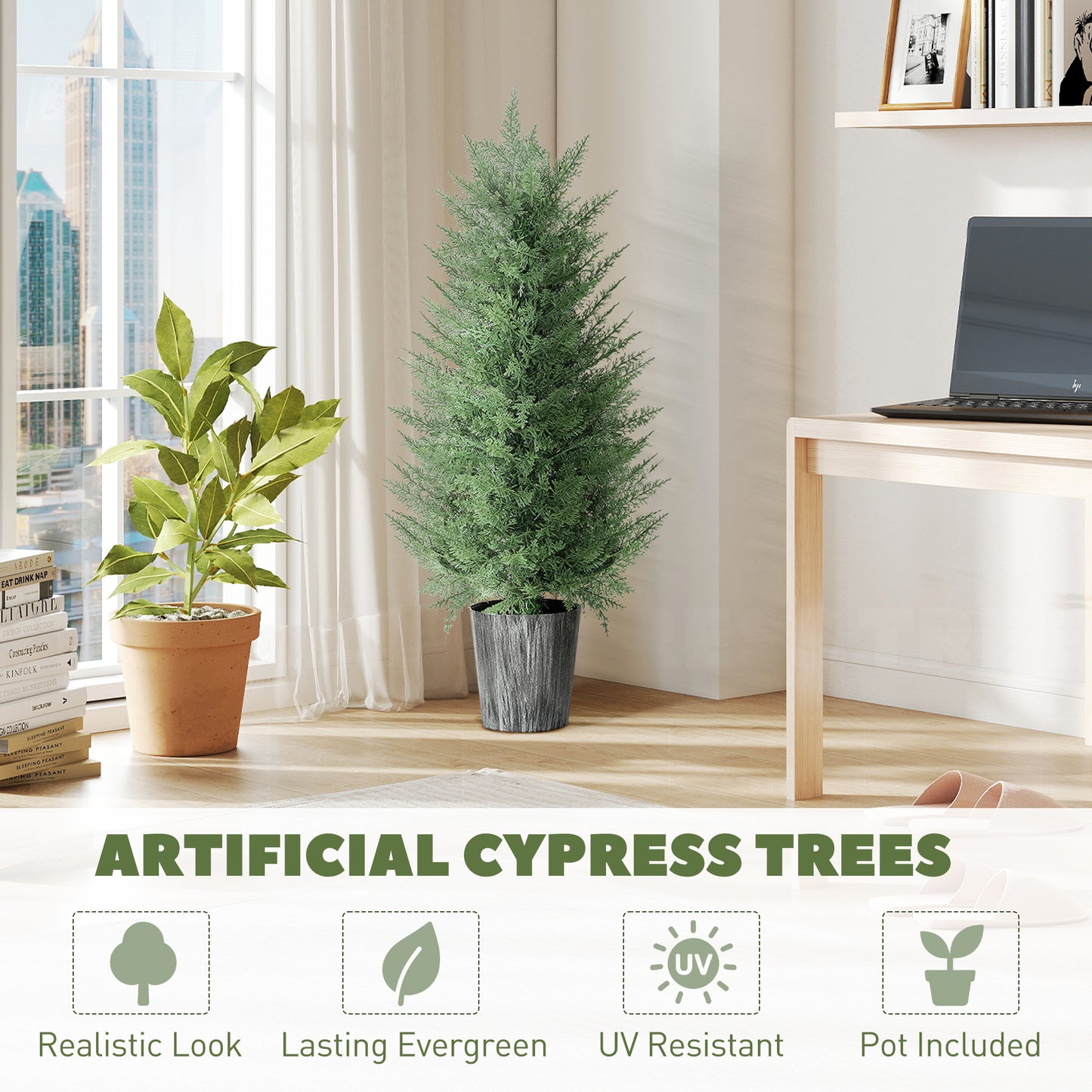 HOMCOM 90cm Artificial Cypress Trees Set Of 2 With Decorative Pots UV Resistant Indoor Outdoor Decor Green