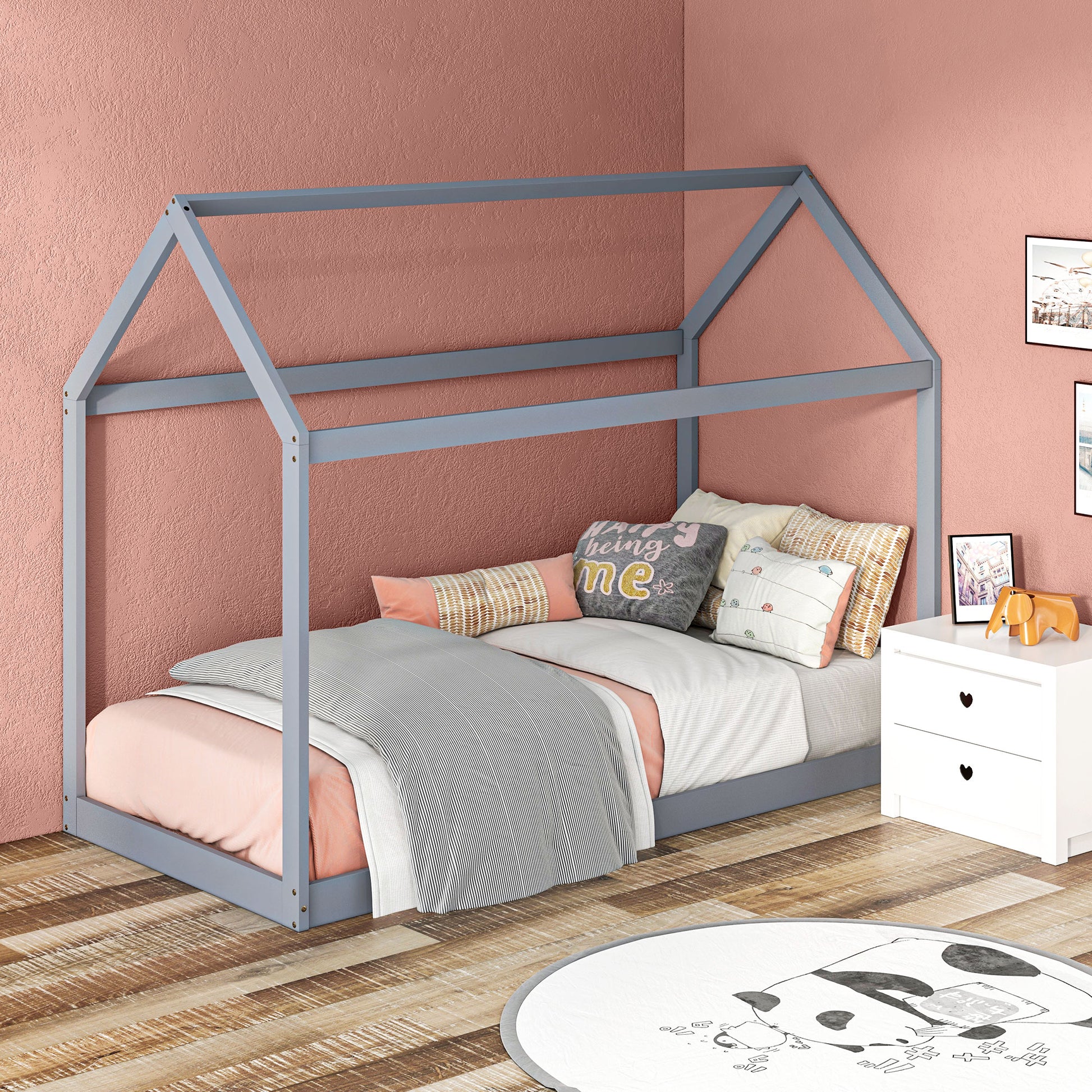 Scandinavian Style House-Shaped Single Bed Frame in Grey for 90W x 190Dcm Mattress - ALL4U RETAILER LTD