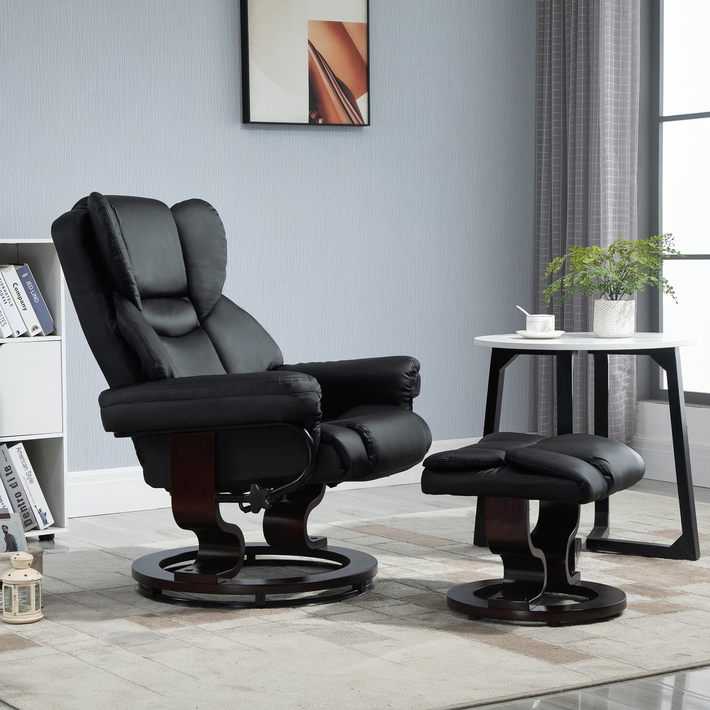 HOMCOM Modern Reclining Swivel Chair and Ottoman Set with Padded Faux Leather in Black - ALL4U RETAILER LTD