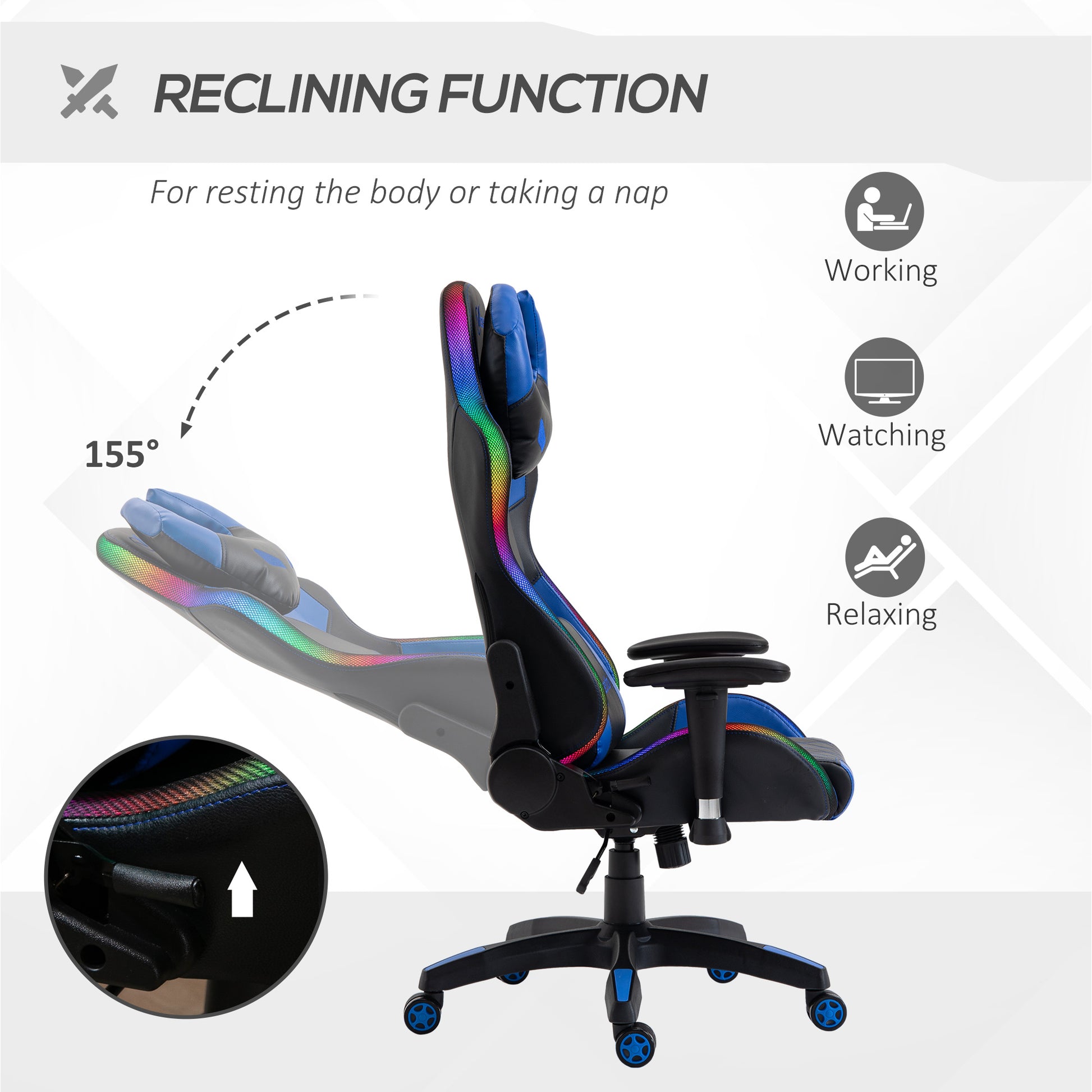 Vinsetto High Back Racing Gaming Chair with RGB LED Lights, Adjustable Lumbar Support, and Swivel Mobility for Home Office - ALL4U RETAILER LTD