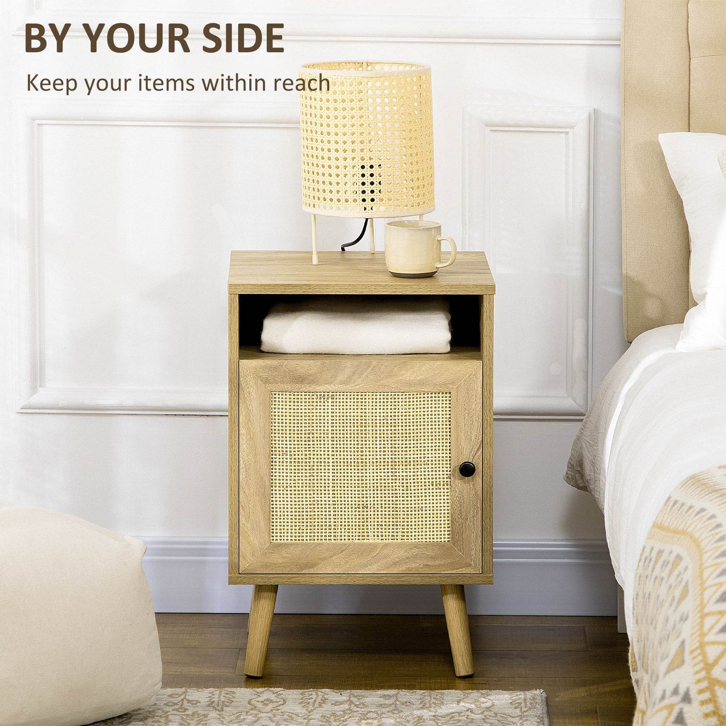 Natural Rattan-Inspired Bedside Table with Storage Shelf and Cupboard, 39cm x 35cm x 60cm - ALL4U RETAILER LTD