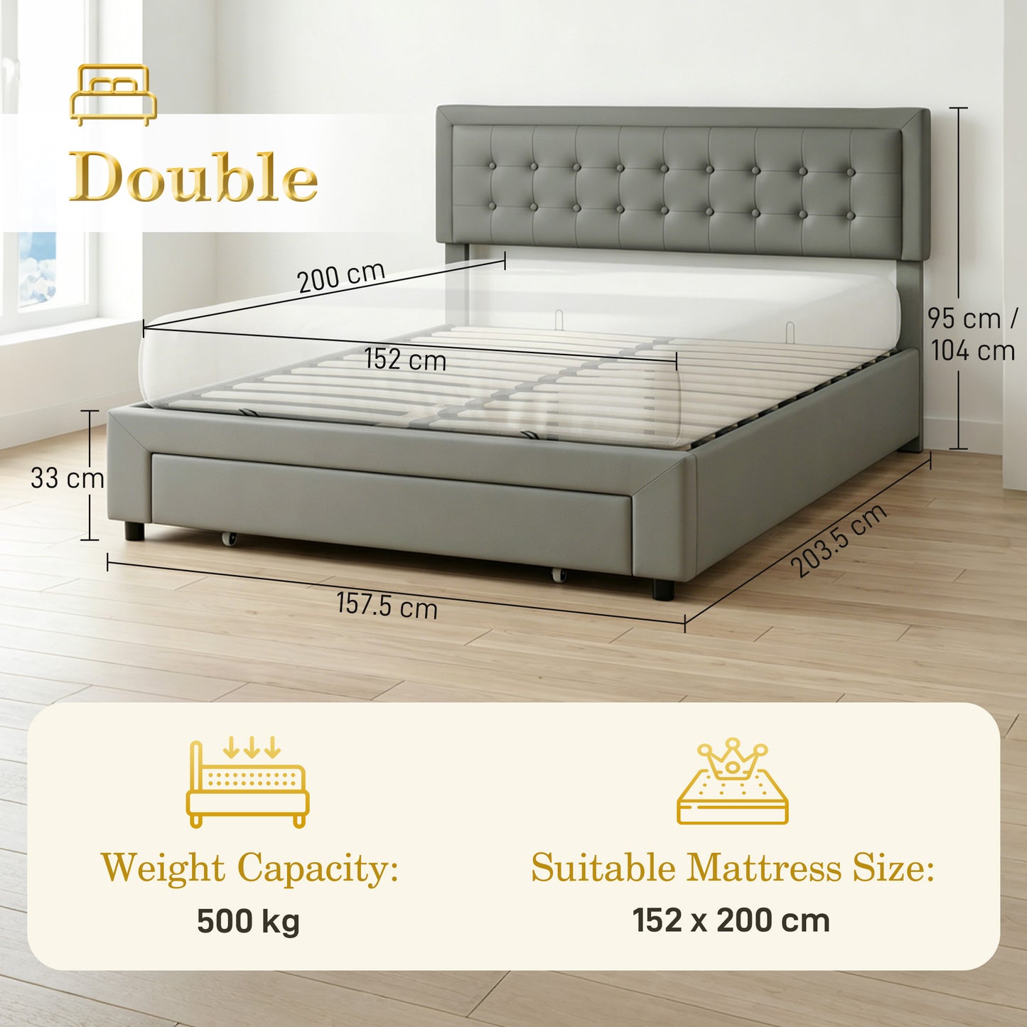 HOMCOM King Size Ottoman Bed Frame with Storage Drawer – Grey Fabric Lift-Up Bed