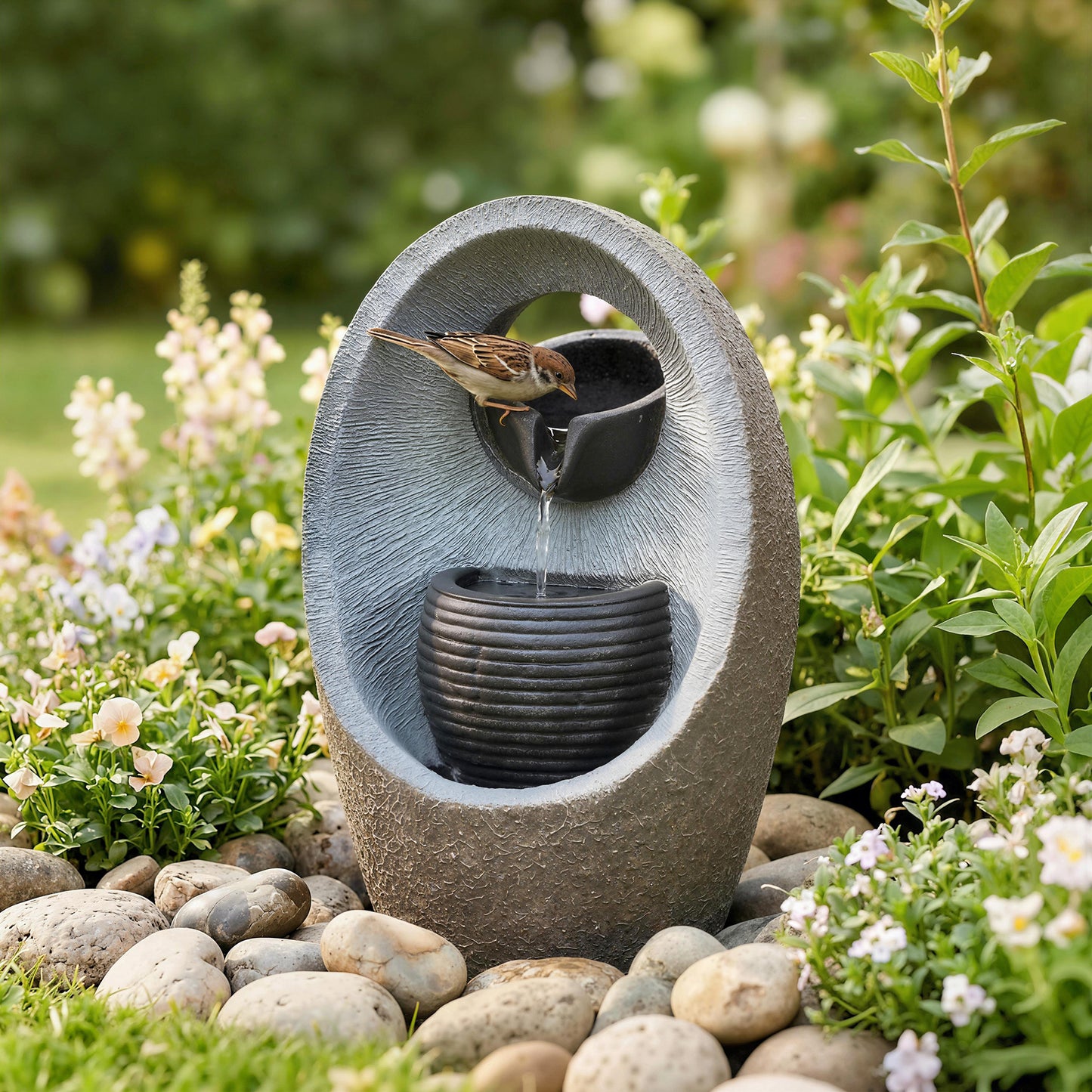 Outsunny 2 Tier Water Feature Garden Fountain With Pump And LED Lights Resin Cascading Waterfall