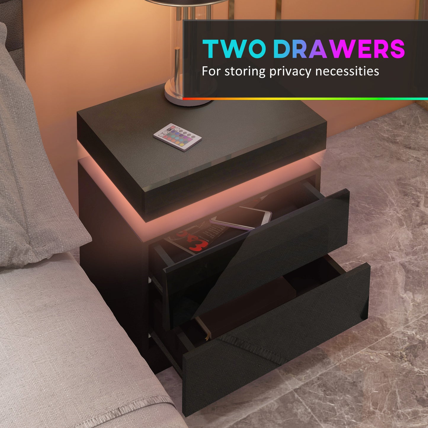 HOMCOM High Gloss Front Bedside Tables Set Of 2 With RGB LED Light And 2 Drawers For Bedroom Living Room Black