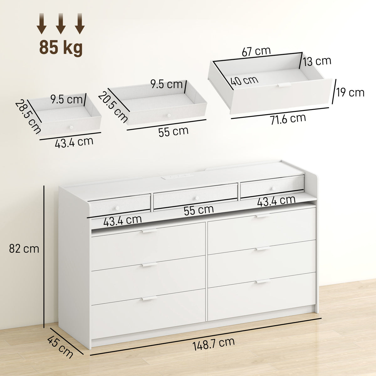 White dresser front with 9 drawers and handle pulls, shown with size diagram