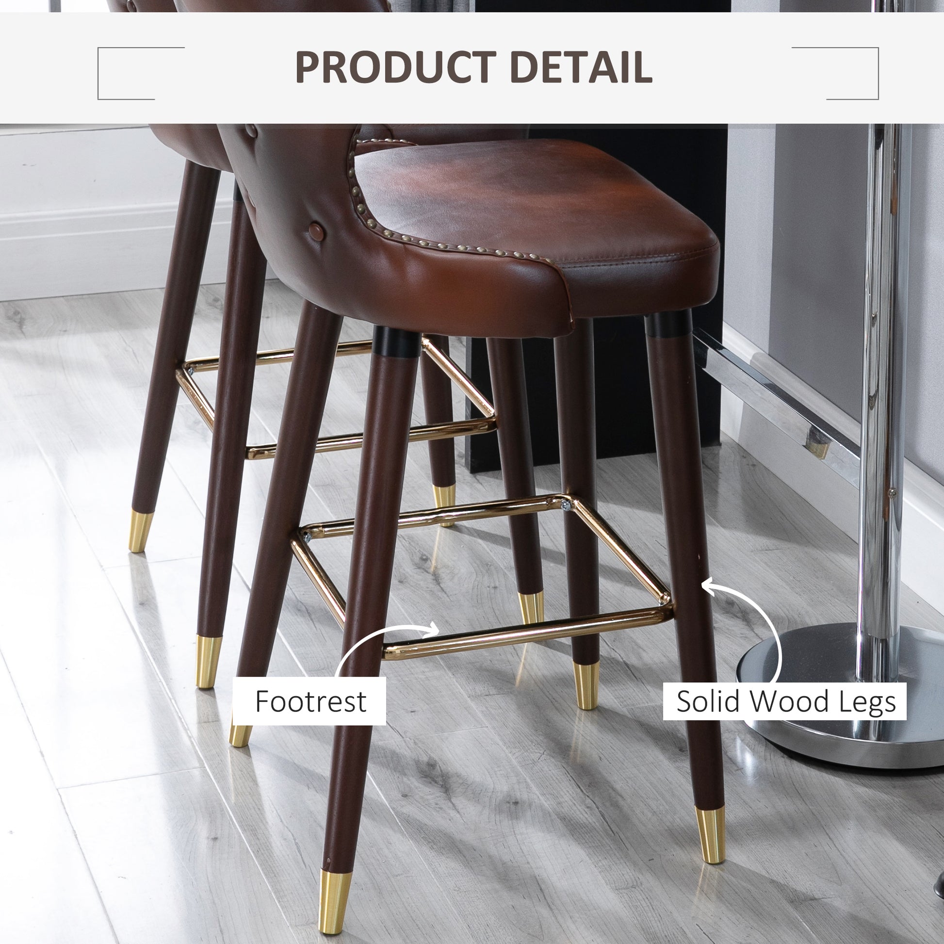 HOMCOM Set of 2 Elegant PU Leather Retro Bar Stools with Backrest - Brown and Gold Accents - ALL4U RETAILER LTD