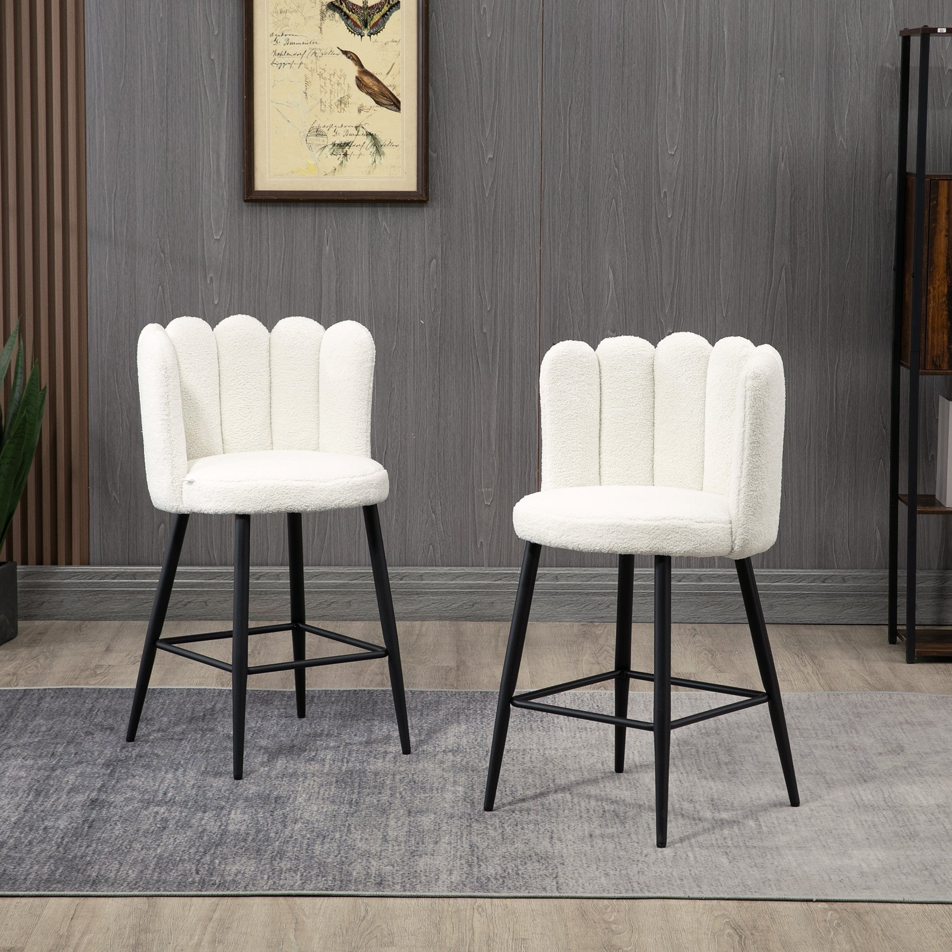 HOMCOM Set of 2 Modern Faux Cashmere Bar Stools with Backs and Footrest - Cream Upholstered Kitchen Chairs - ALL4U RETAILER LTD