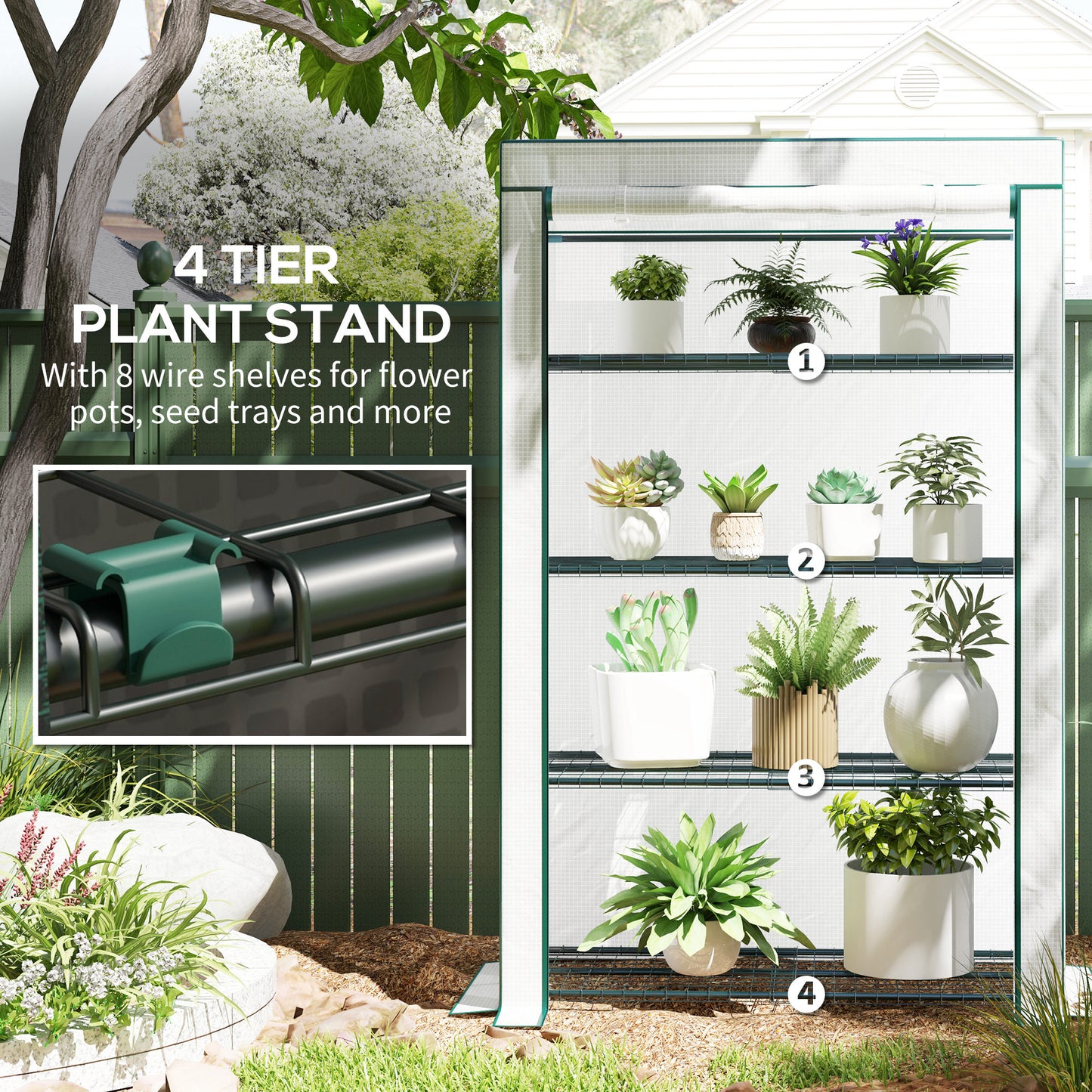Outsunny Four Tier Mini Greenhouse Green And White With Four Shelves And Roll Up Door