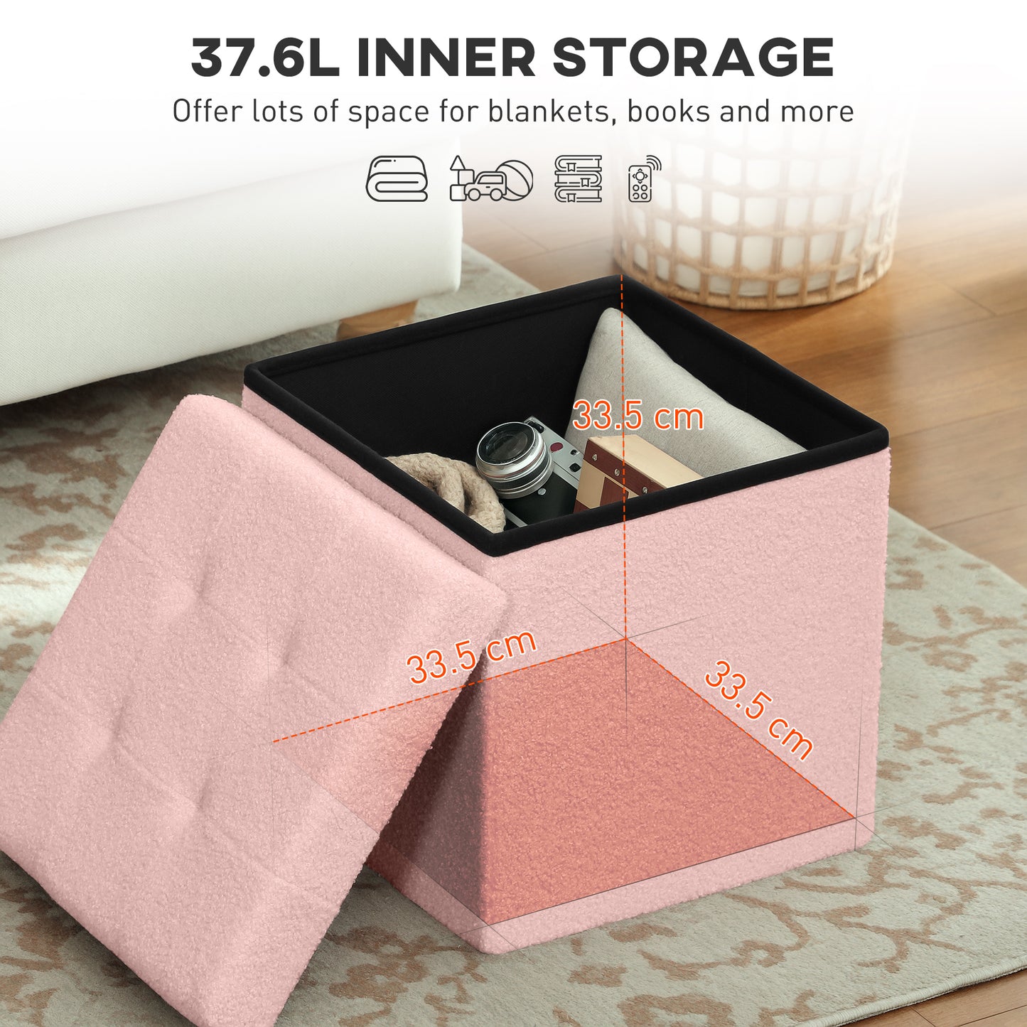 HOMCOM Foldable Sherpa Fleece Storage Ottoman Pink with High Density Foam Soft Touch Upholstery for Small Spaces