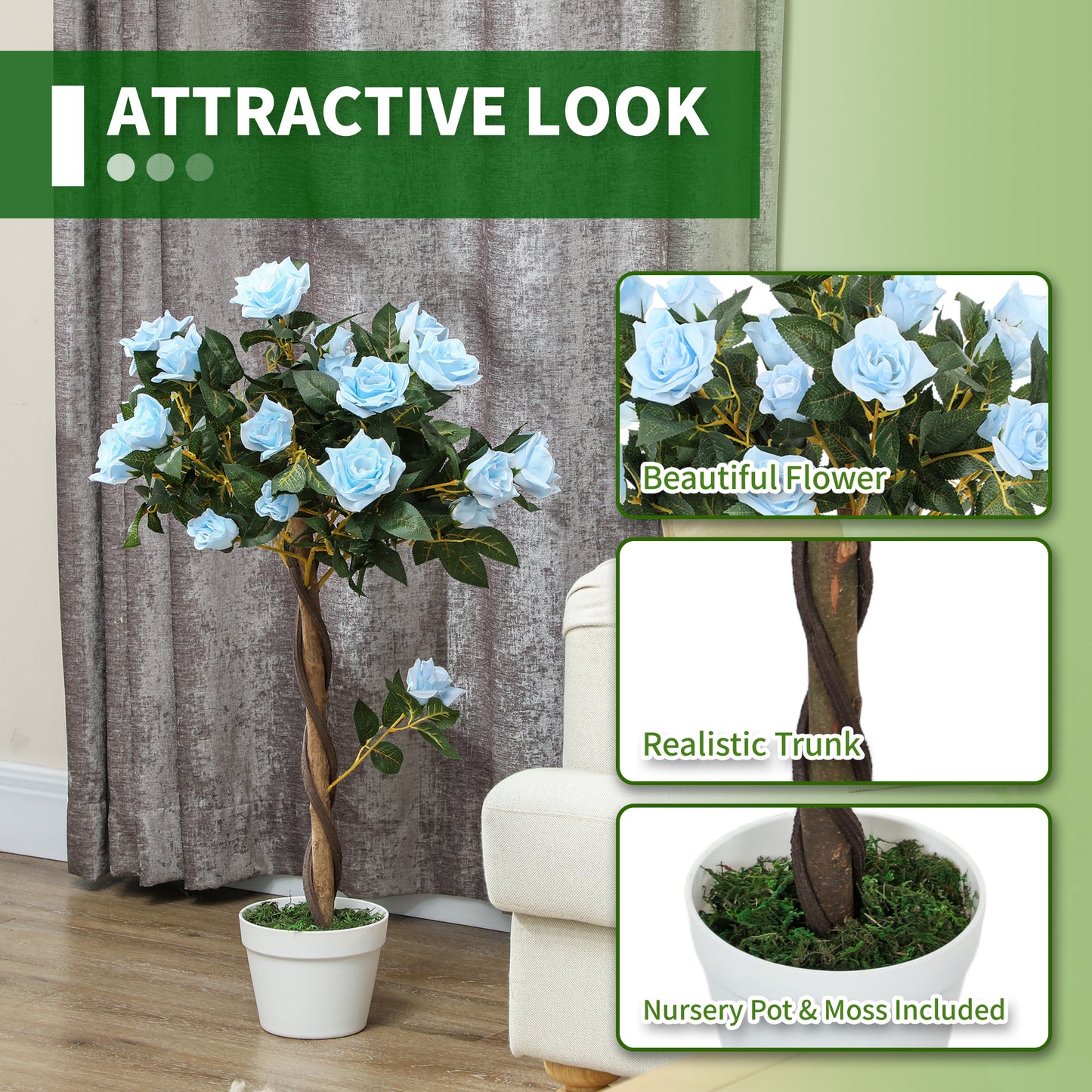 Outsunny Set Of 2 Artificial White Rose Floral Plants In Pots 90cm Indoor Decor Light Blue