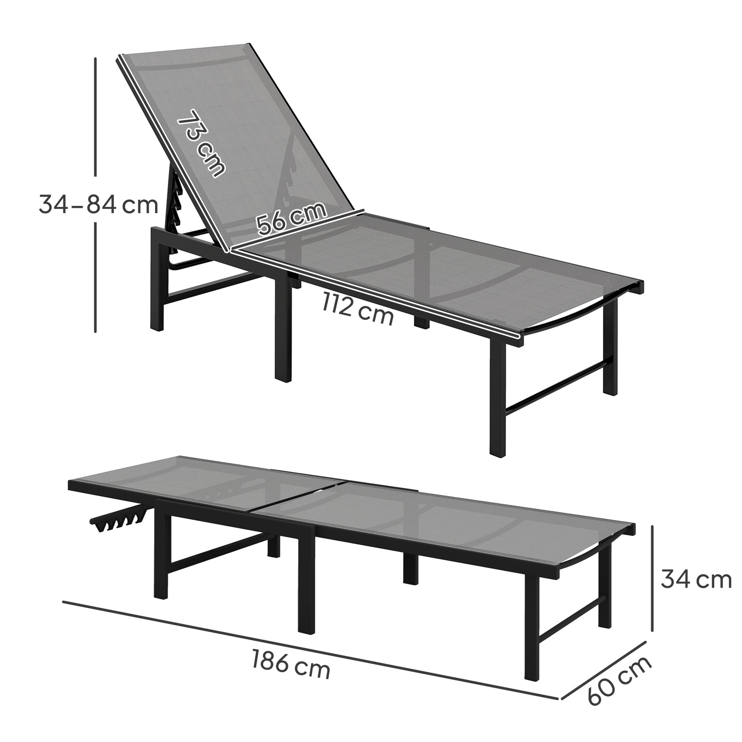 Outsunny Set Of Two Reclining Sun Loungers Grey For Outdoor Garden Use With Five Position Backrests
