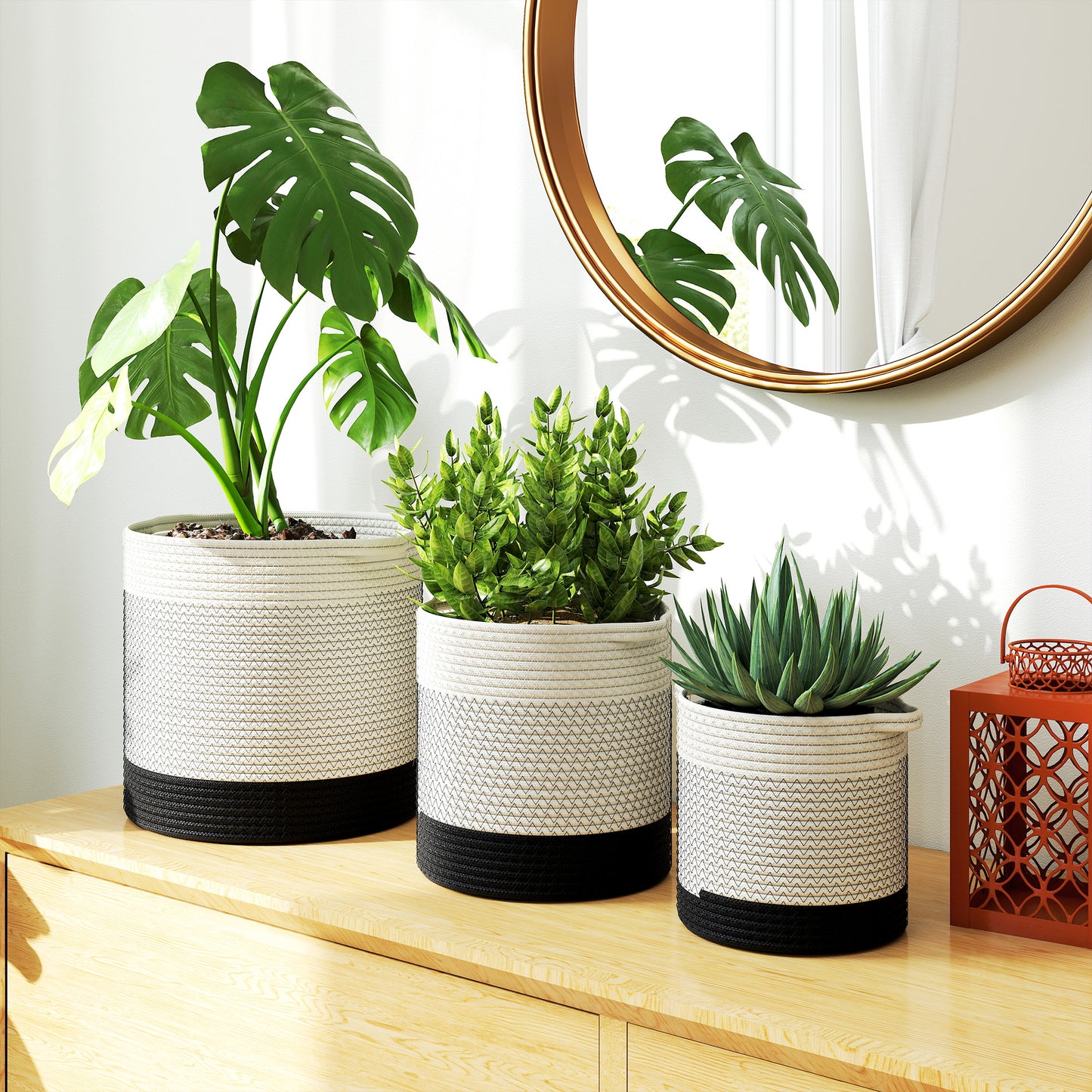 Outsunny Handwoven Cotton Indoor Plant Pots With Waterproof Liner Set Of 3 White