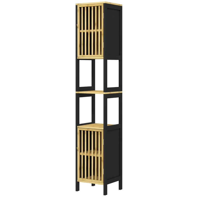 HOMCOM Bamboo-Blend Retro Cut-Out Tall Bathroom Storage Cabinet - ALL4U RETAILER LTD