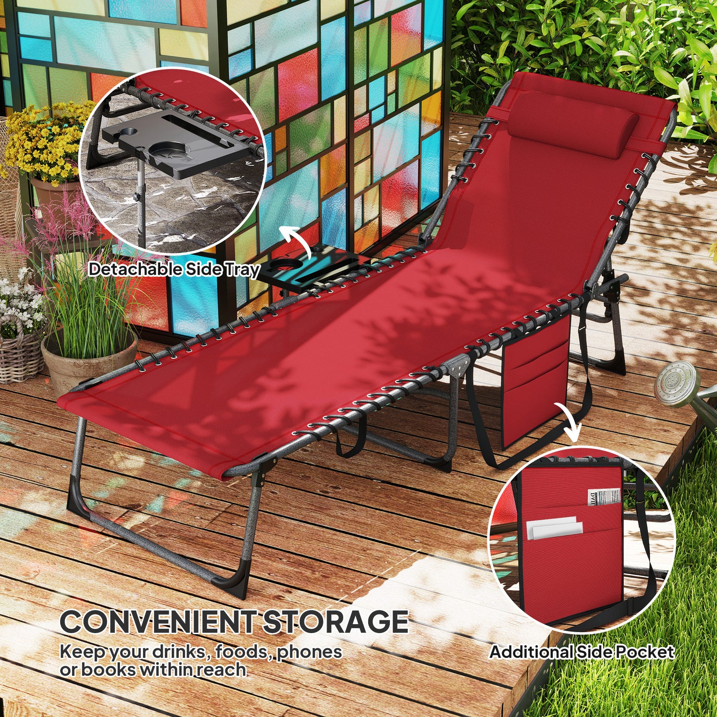Outsunny Five Position Reclining Sun Lounger in Red With Powder Coated Steel Frame and Removable Pillow