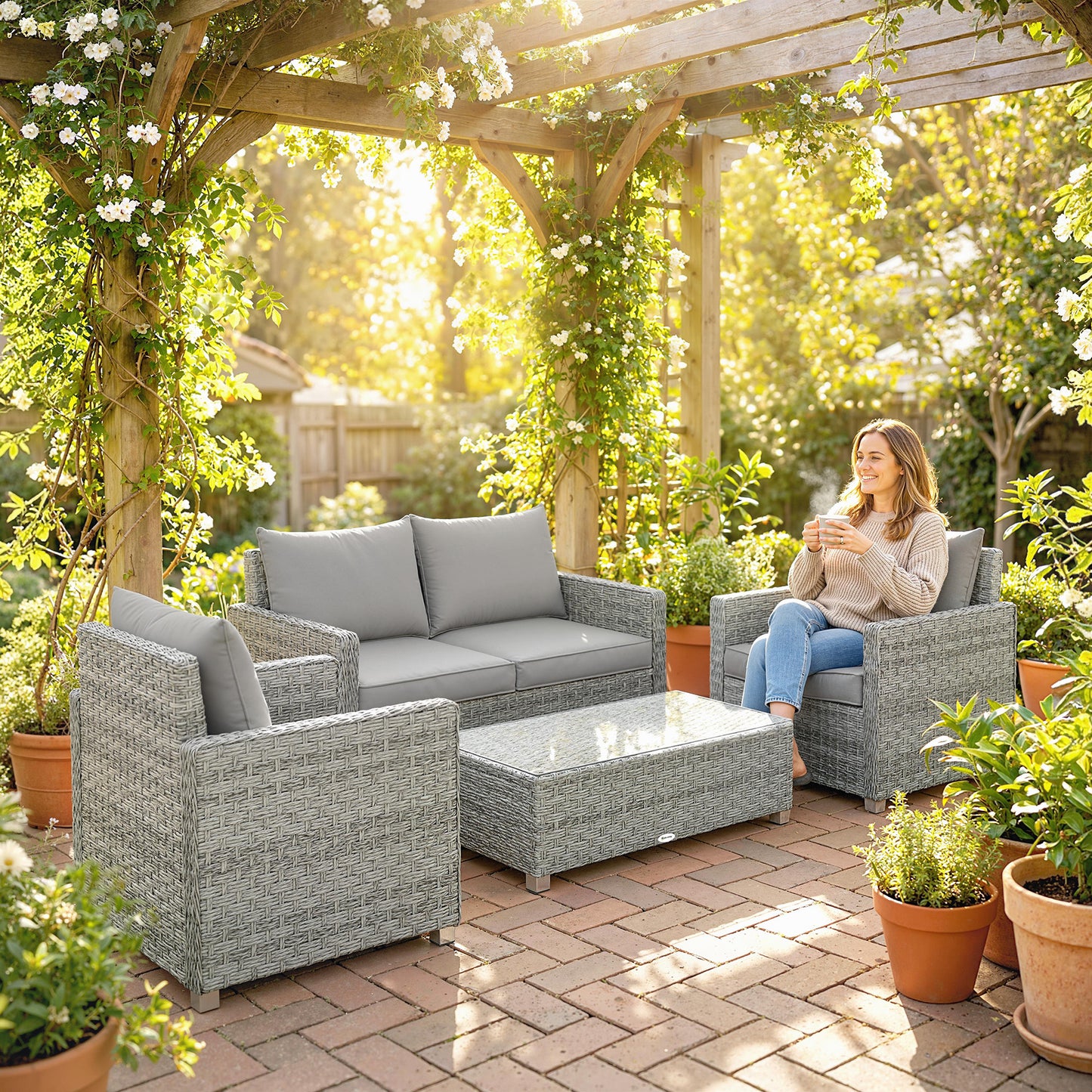 Outsunny 4 Piece Rattan Garden Furniture Set With Loveseat And 2 Armchairs Glass Top Table Wicker Set Grey