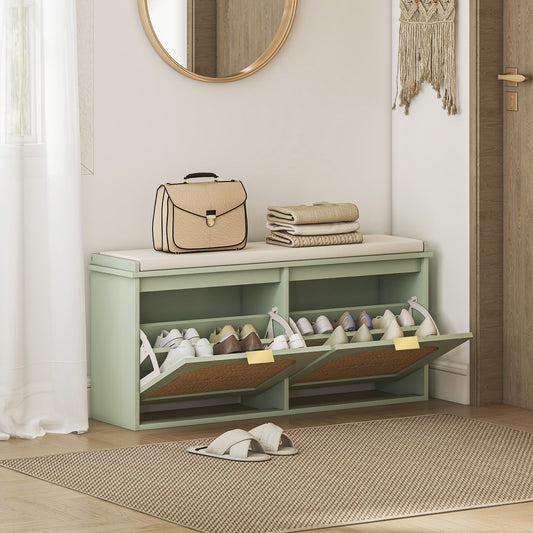 HOMCOM Boho Shoe Bench With Padded Seat And Two Flip Drawers For Entryway Organization In Light Green