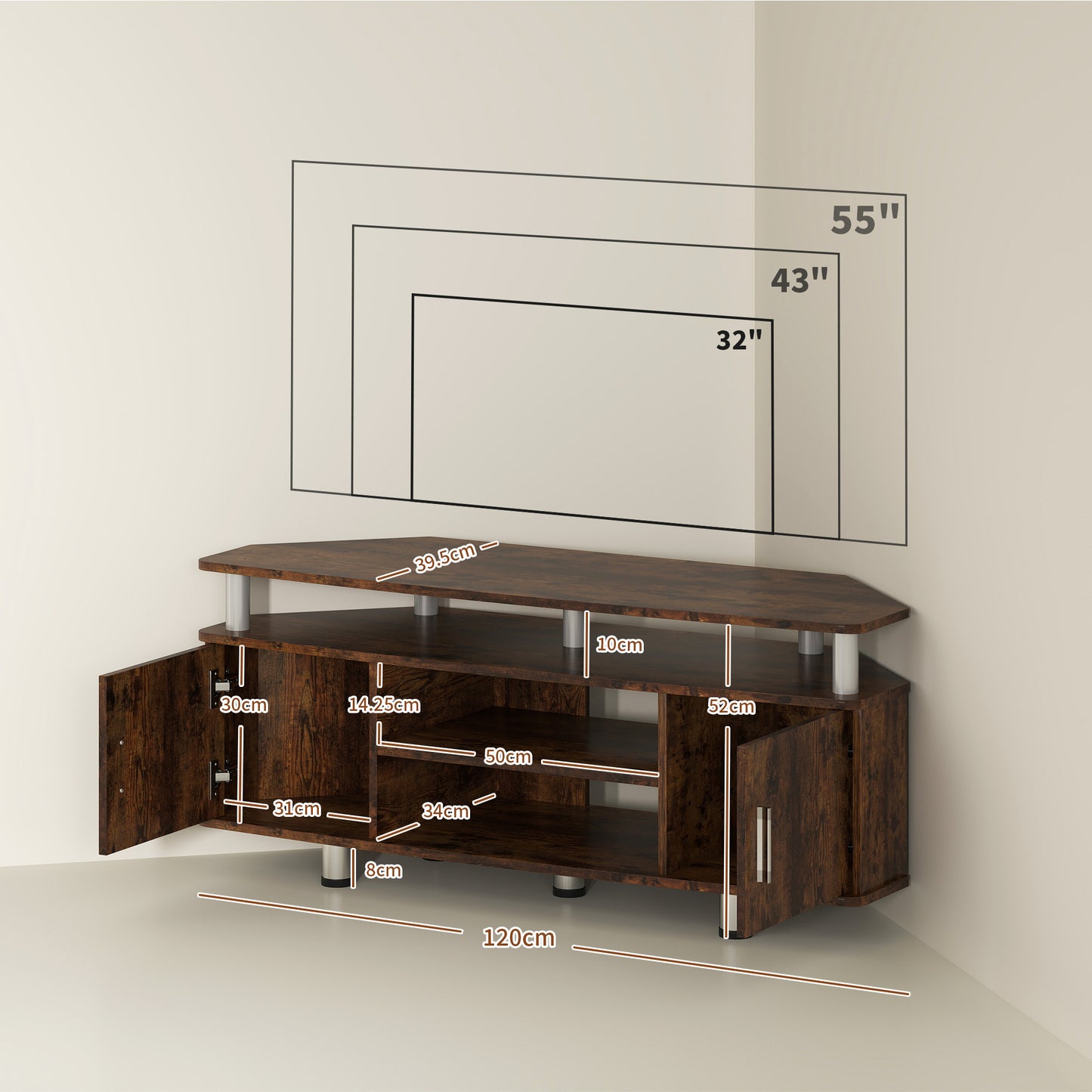 HOMCOM TV Unit Cabinet For TVs Up To 55 Inches With Storage Shelves And Cupboard Rustic Brown Entertainment Centre