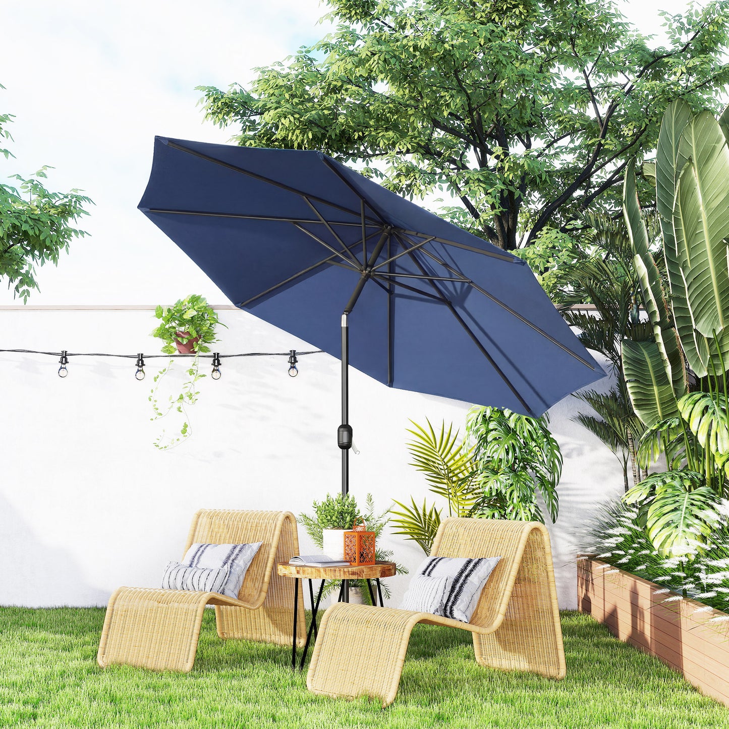 Outsunny 3m Garden Parasol Umbrellas With Tilt And Crank Handle 8 Ribs Navy Blue