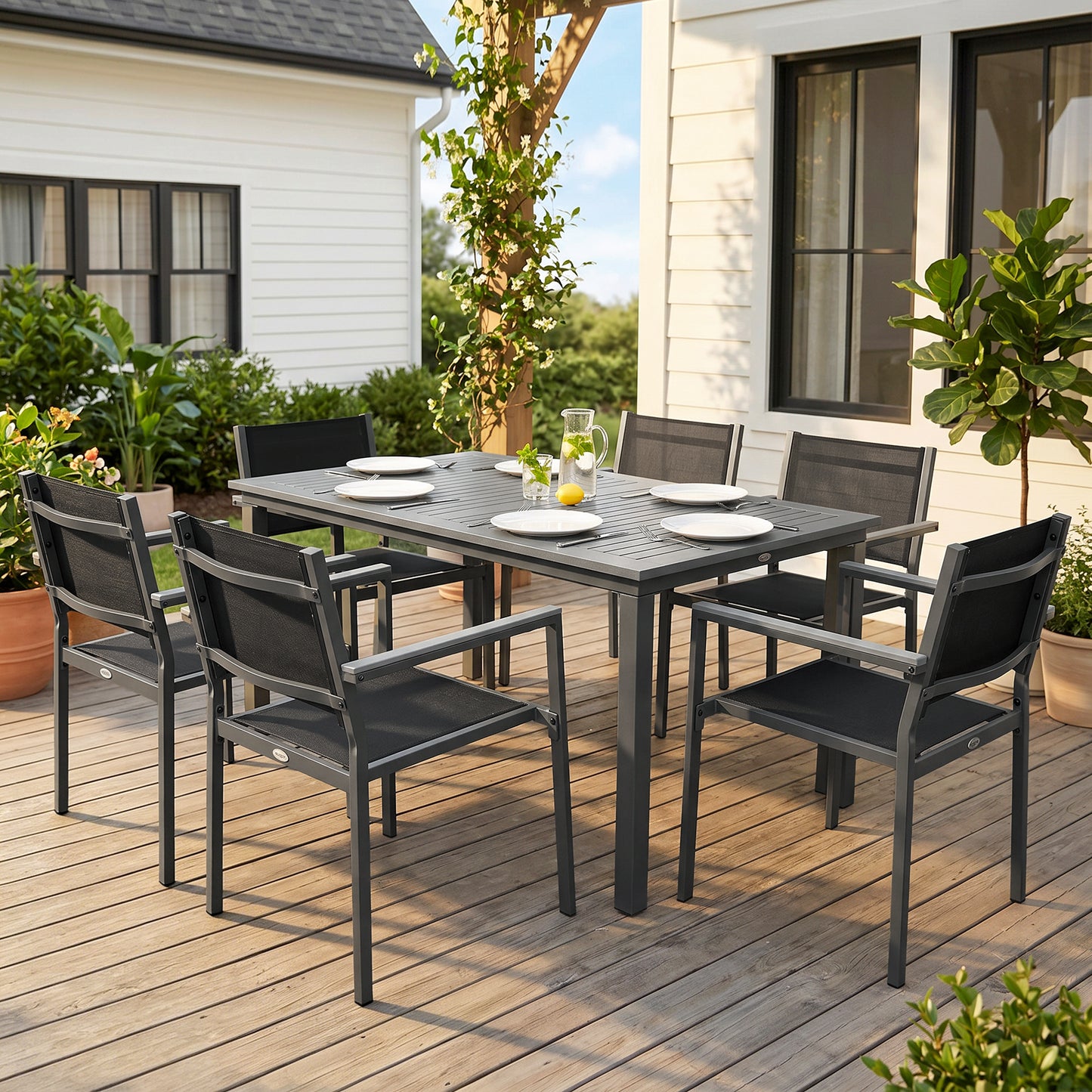 Outsunny Seven Piece Garden Dining Set With Acacia Wood Table Top And Texteline Chairs For Six In Grey