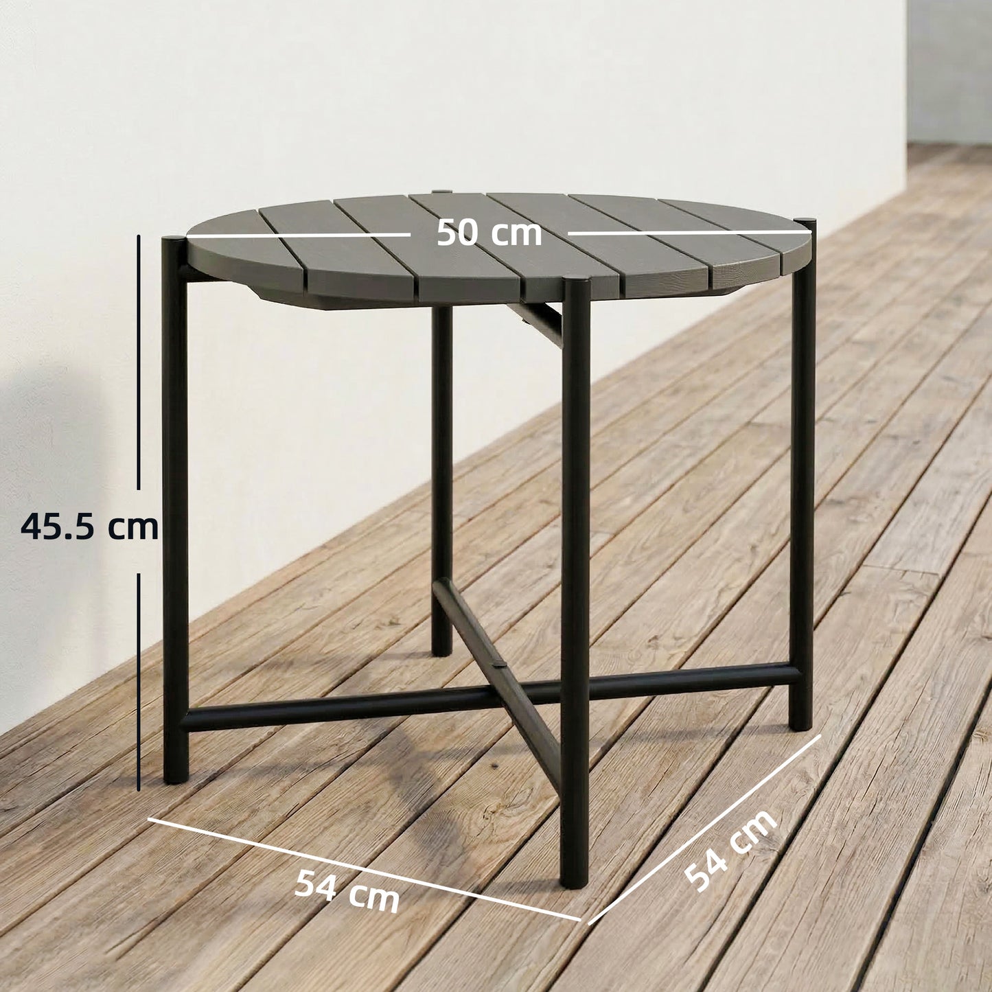 Outsunny 54 Cm Round Outdoor Side Table With Slatted Wood Top And Industrial Metal Frame Dark Grey