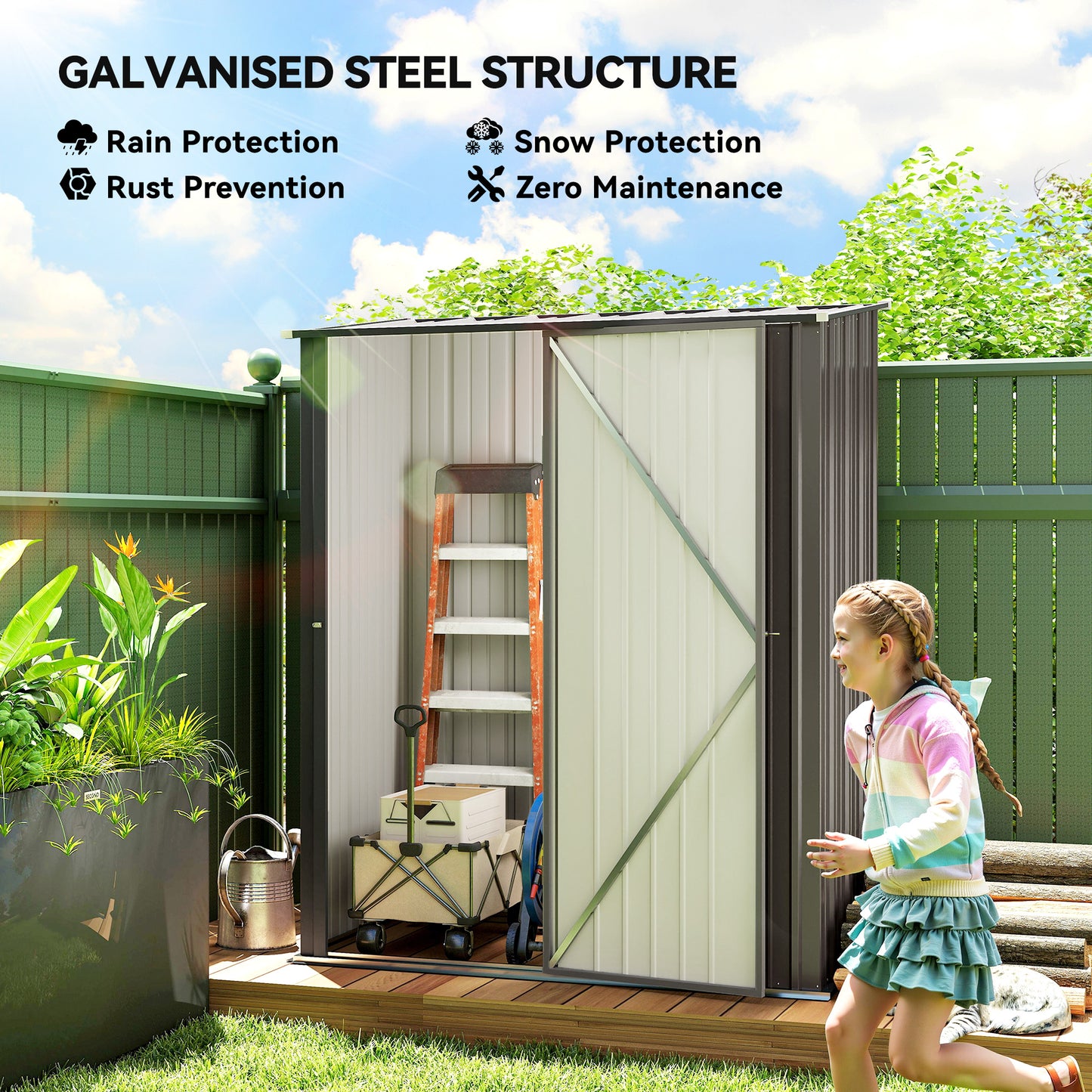 Outsunny 5.3 x 3.1ft Corrugated Galvanised Steel Garden Shed Light Grey Open Inside For Easy Storage And Shelving