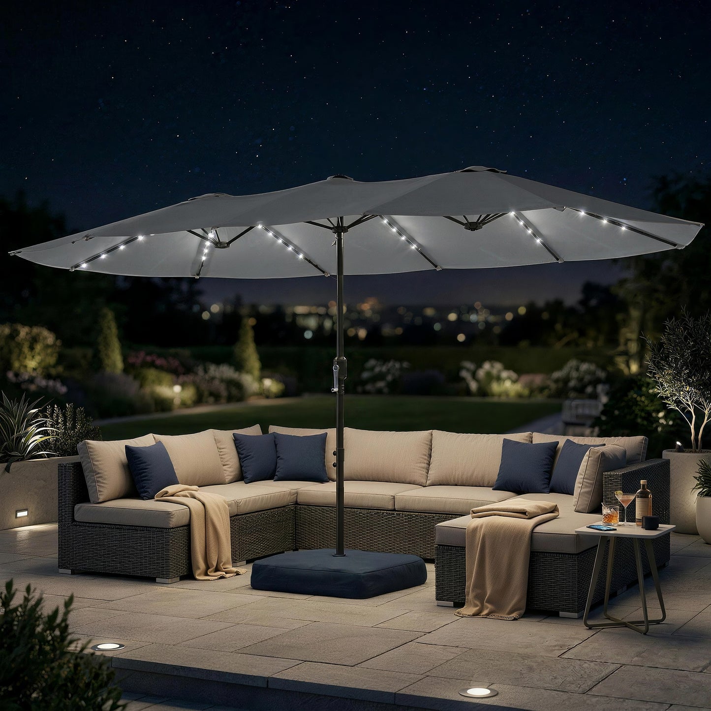 Outsunny Double Sided Patio Umbrella With Solar Lights Base Premium Grey Outdoor Shade