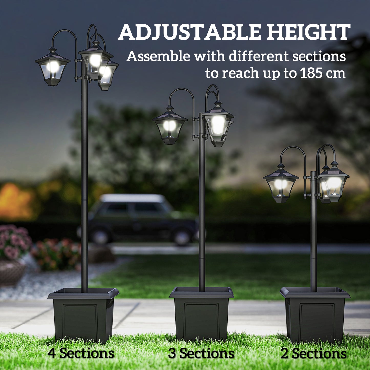 Outsunny Solar Lamp Post With Dusk To Dawn Sensor And 3 Head Planter 185 Centimeters Black