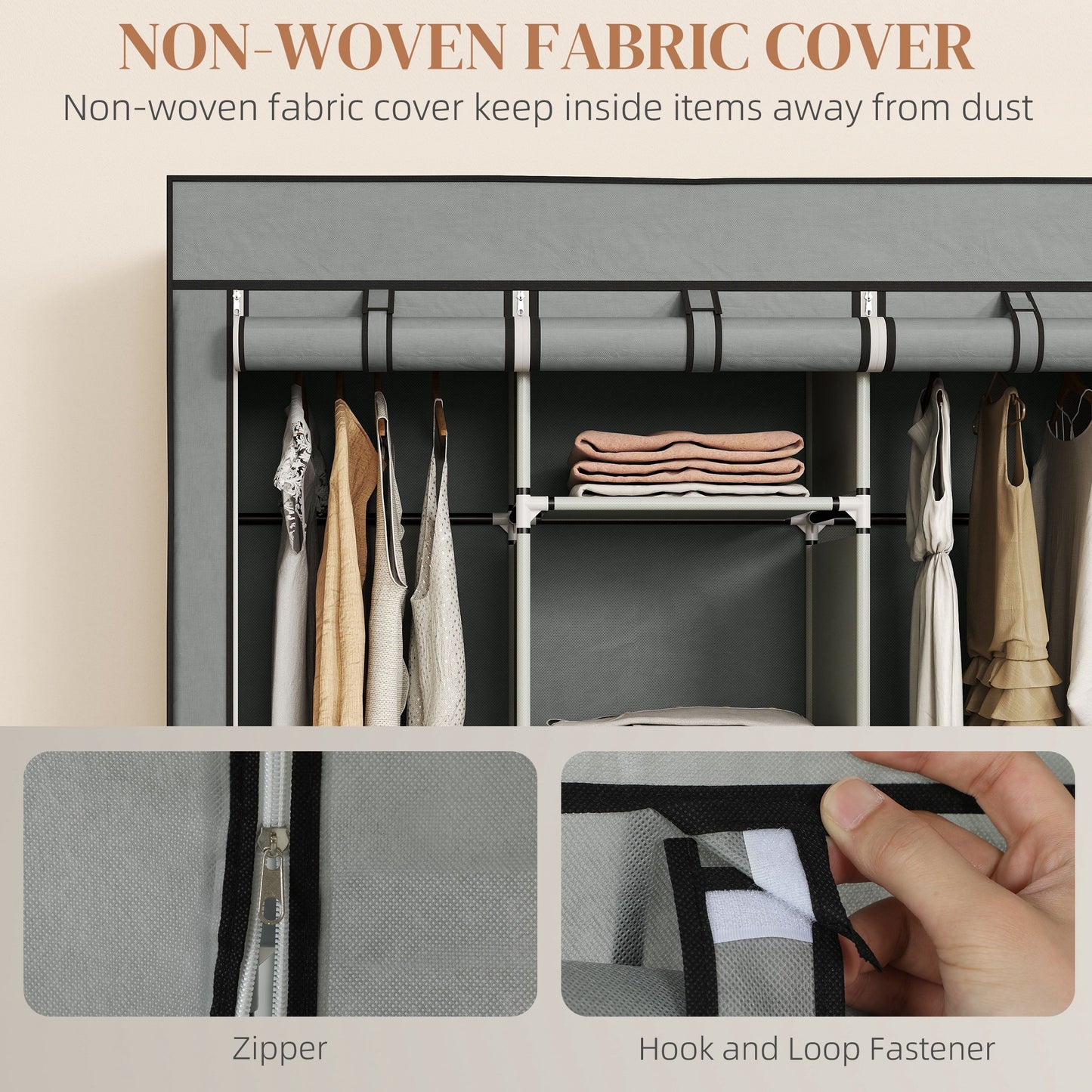 HOMCOM Foldable Fabric Wardrobe For Bedroom Portable Wardrobe 5 Shelves 2 Hanging Rails 3 Fabric Drawers Light Grey