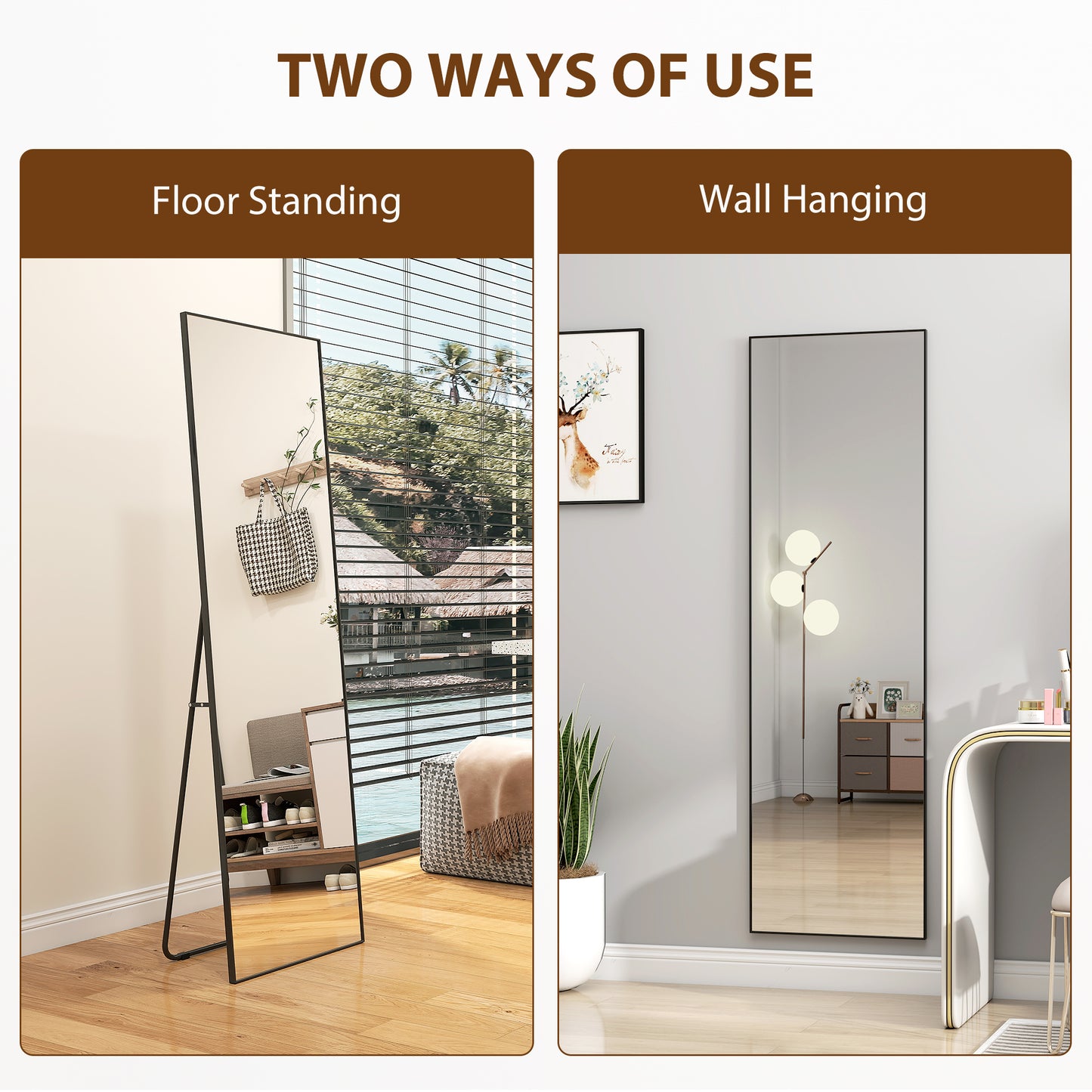 HOMCOM Full Length Mirror With Aluminium Alloy Frame And Tempered Glass Standing Or Wall Hanging Black
