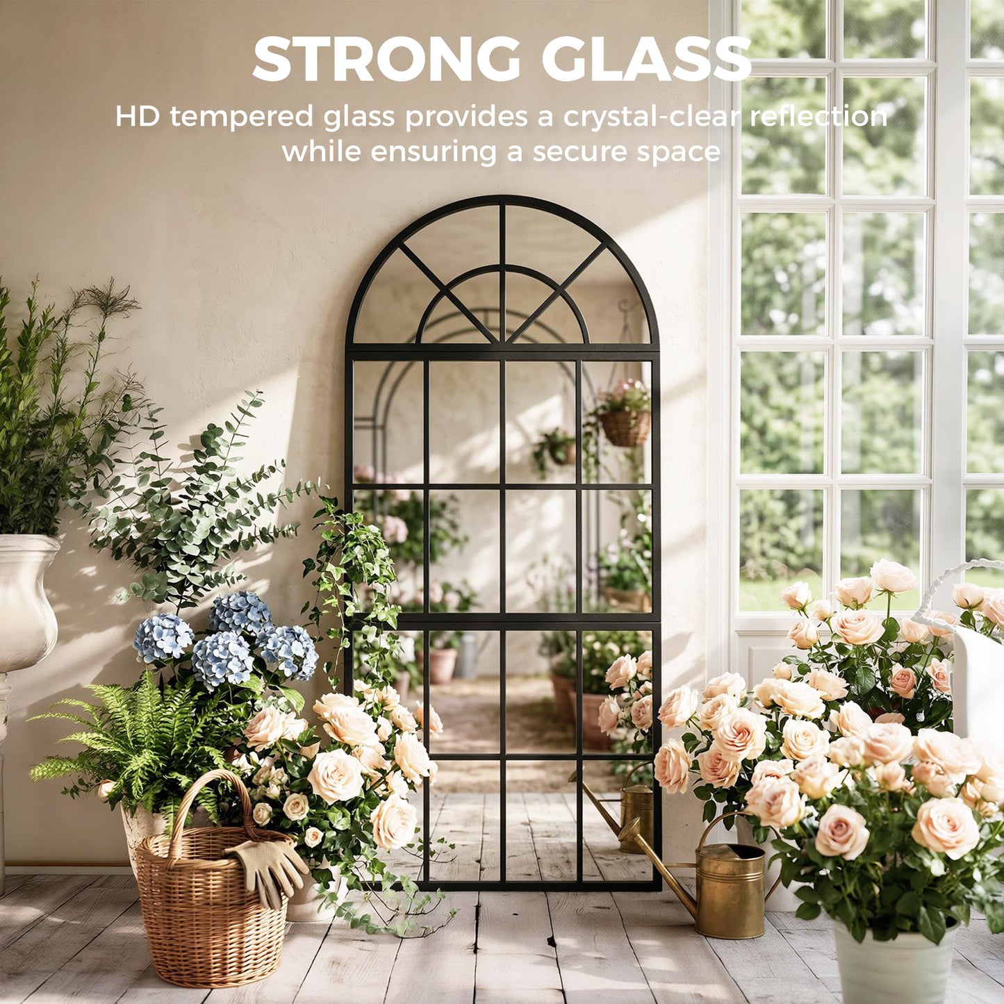 HOMCOM Large Arched Wall Mirror Set With Metal Grid 3 Piece Split Window Mirrors 120 x 54 cm Black