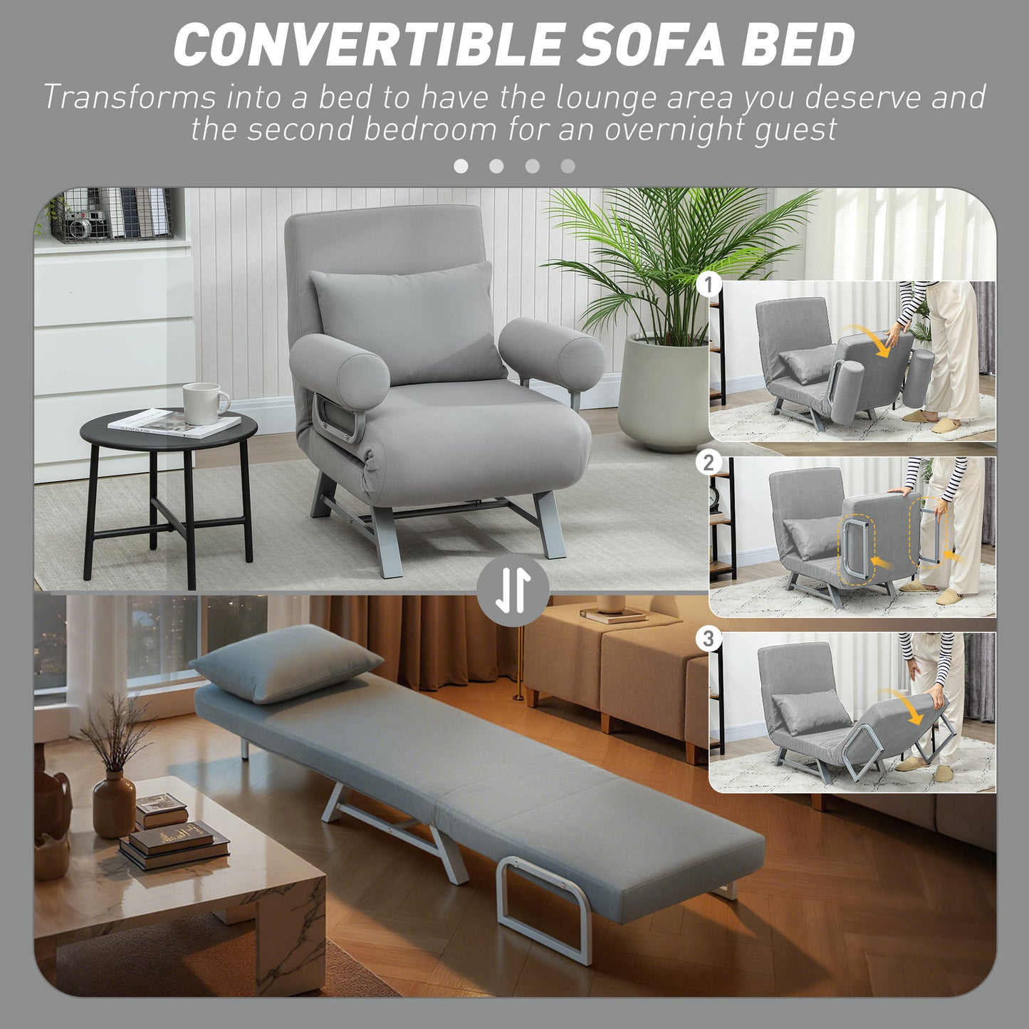 HOMCOM 3 In 1 Sofa Bed Chair With Adjustable Backrest And Removable Armrests In Light Grey