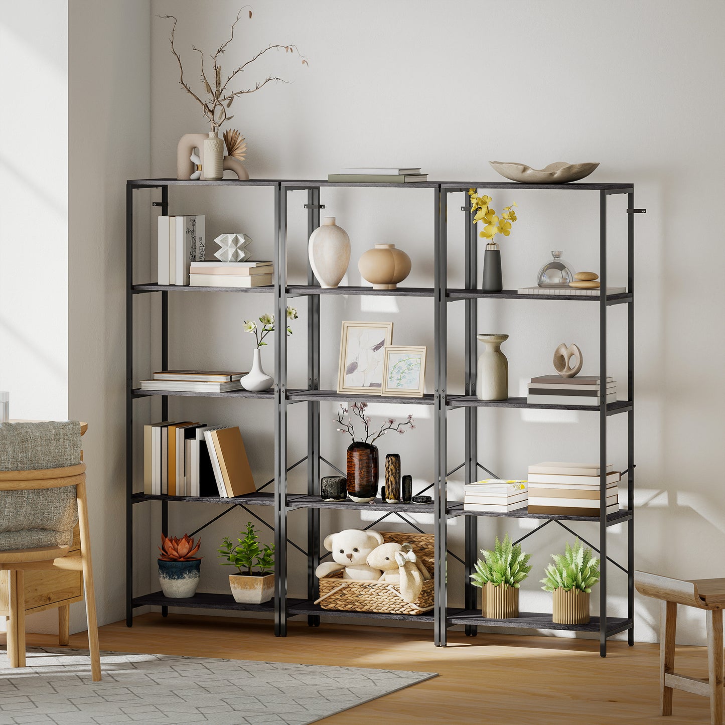 HOMCOM 5 Tier Bookshelf Industrial Bookcase With Metal Frame Black And Dark Wood Effect