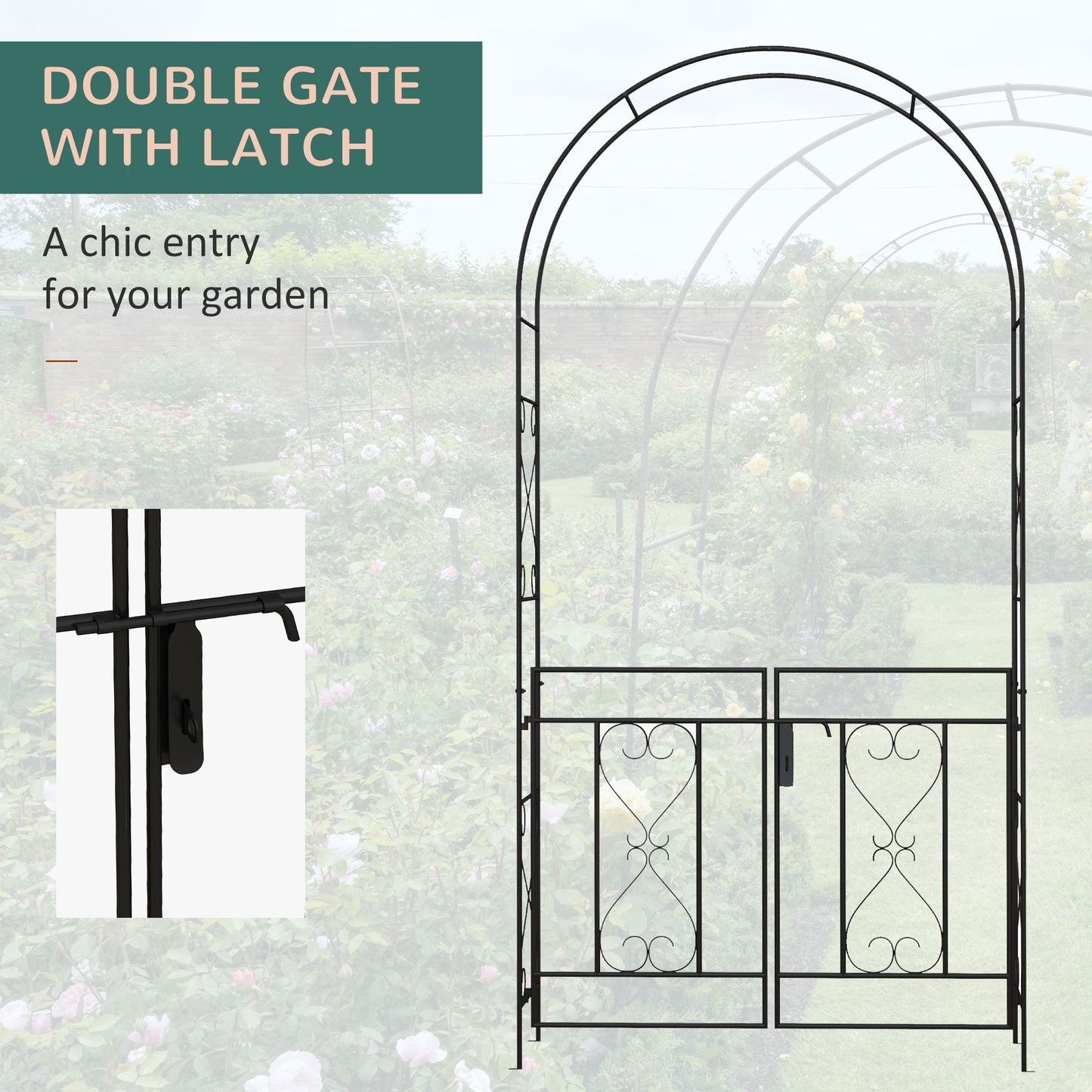 Outsunny Powder Coated Steel Garden Arch With Gate Black For Outdoor Decor And Climbing Vines Plants